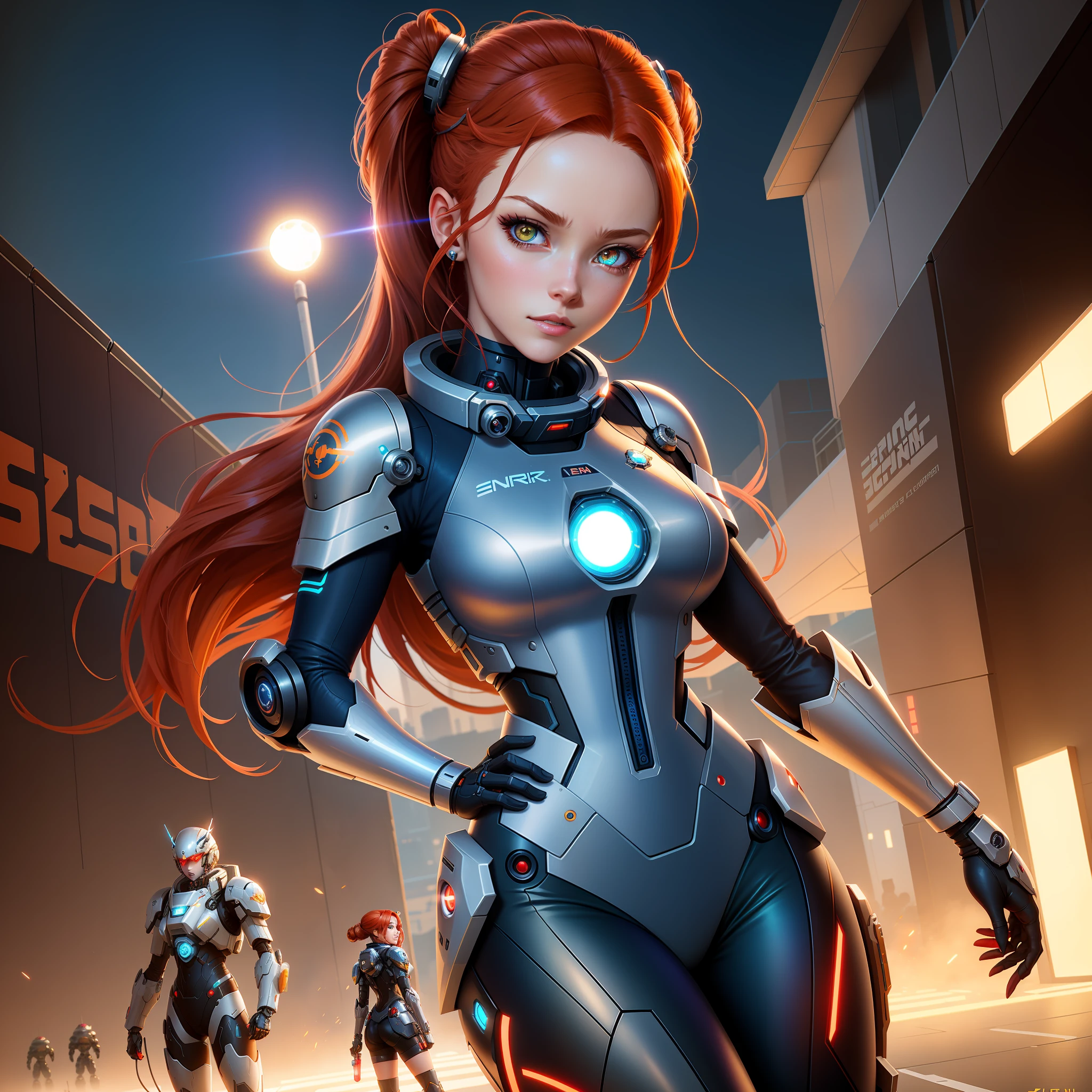 anime girl with glowing eyes and red hair in a futuristic outfit, girl in mecha cybernetic armor, epic sci-fi character art, epic sci-fi character art, female cushart krenz key art, artgerm jsc, inspired by Marek Okon, beautiful cyborg girl , portrait anime space cadet girl, adorable brigitte from overwatch, sci-fi woman, high quality, 8k, detailed, killer eyes, sucking lolipop or ice-cream