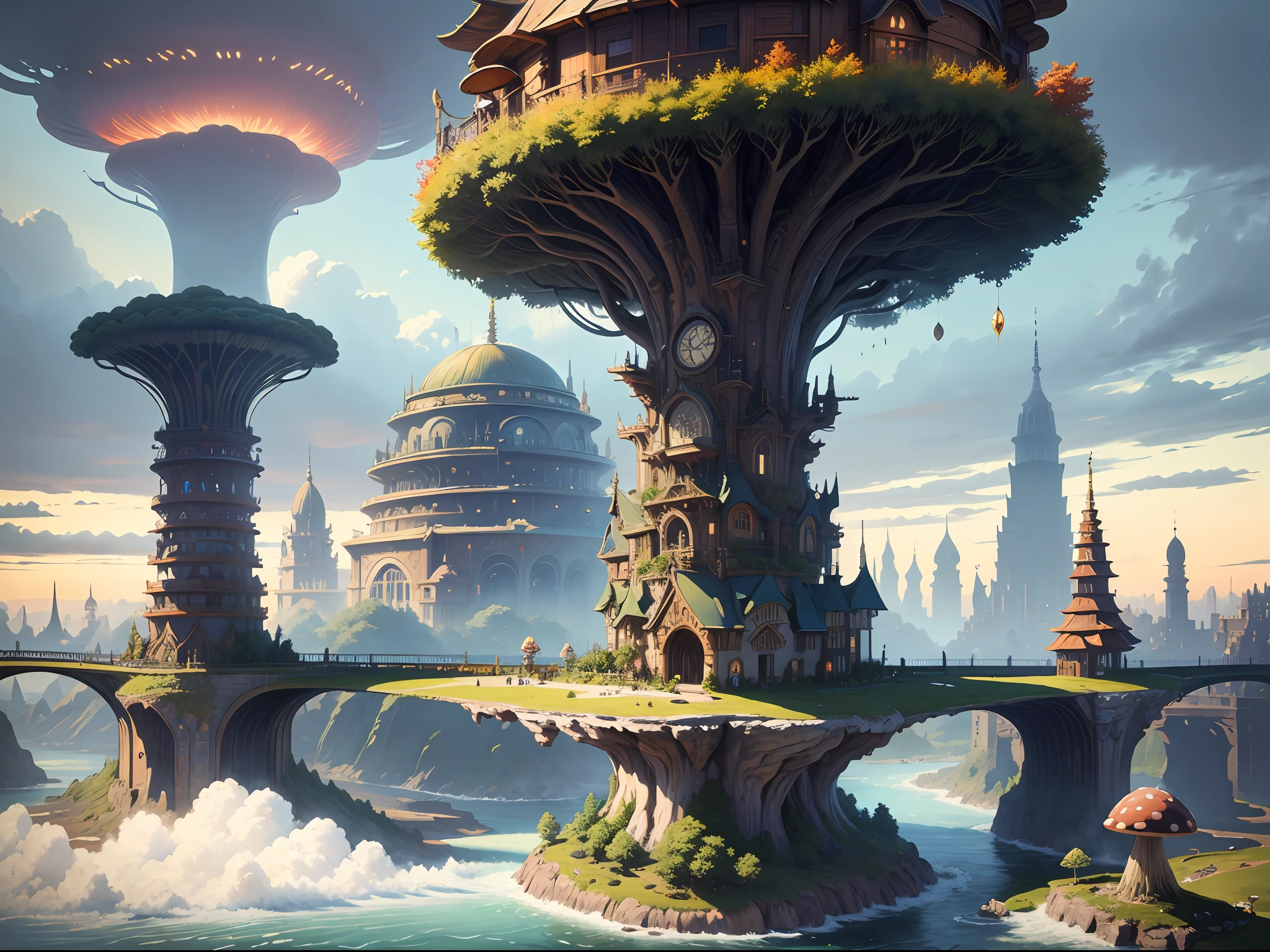 "(masterpiece:1.2), extremely intricate details, ff14style, dynamic painting, depicting a bustling city with a majestic bridge spanning wide rivers, surrounded by towering giant mushrooms. The vast landscape bursts with vivid colors "