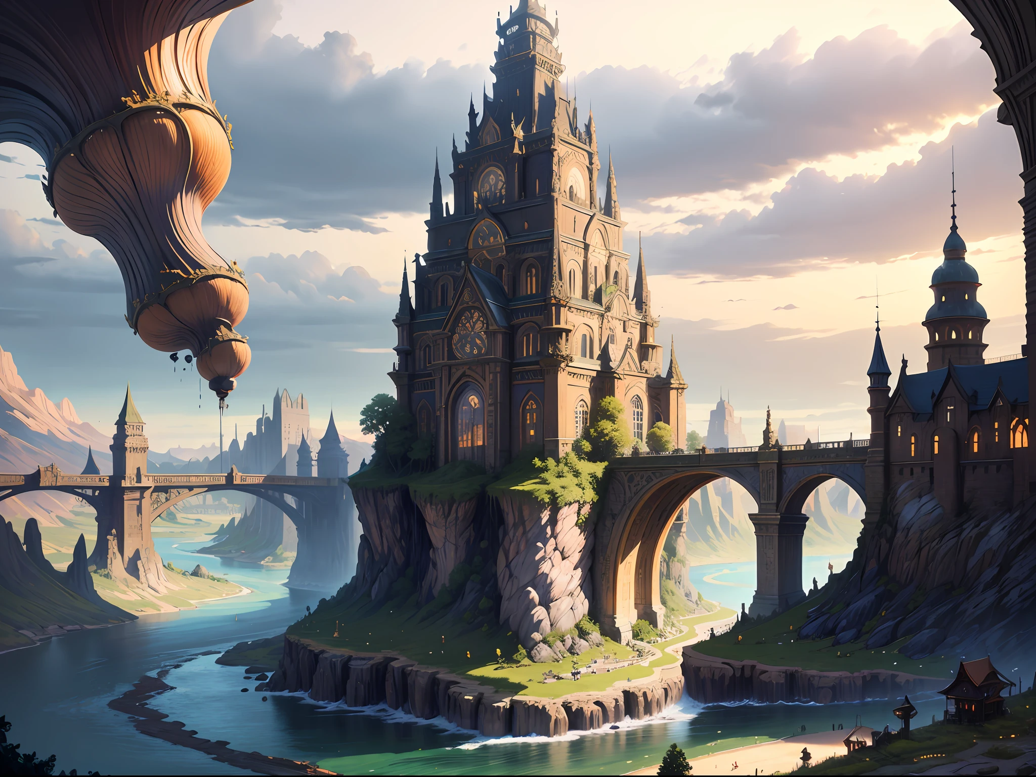 "(masterpiece:1.2), extremely intricate details, ff14style, dynamic painting, depicting a bustling city with a majestic bridge spanning wide rivers, surrounded by towering giant mushrooms. The vast landscape bursts with vivid colors "