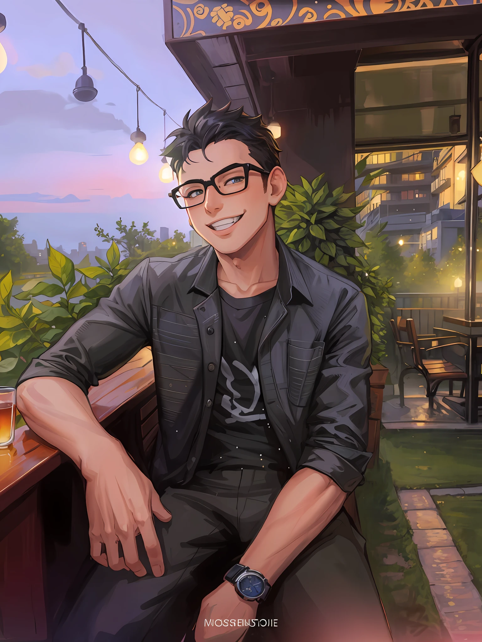 (masterpiece),(best quality:1.0), (ultra highres:1.0), detailed illustration, 1boy, sitting on a bench, restaurant background, glasses, smiling, wrist watch, black shirt, open shirt, black t-shirt, sunset, cool pose, anime style, anime art, vibrant, detailed, detailed eyes, black pupils, perfect eyes