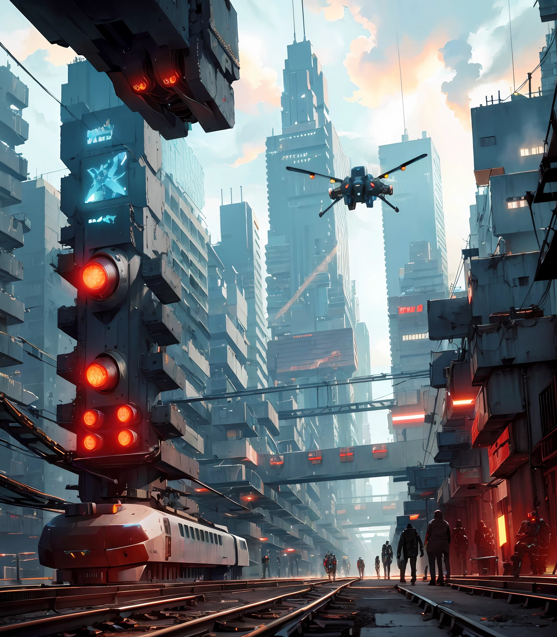 Strange and huge robots, ((Cyborg)), mechanical high-rise buildings, robots, cars, crowds, mechanical, (irregular buildings), machinery, (cyberpunk), (suspended trains), drones, Realistic lighting, (Abyss) masterpiece, high quality, beautiful graphics, high details,