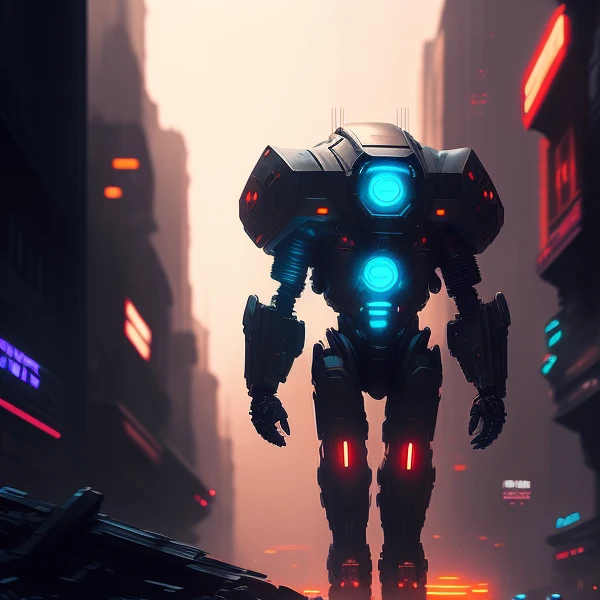 there is a robot with glowing eyes standing in a dark city, wojtek fus, death + robots series of netflix, by Ludwik Konarzewski, key art, epic sci - fi character art, epic sci-fi character art, cg art, epic scifi character art, beeple and tim hildebrandt, sci-fi digital art illustration