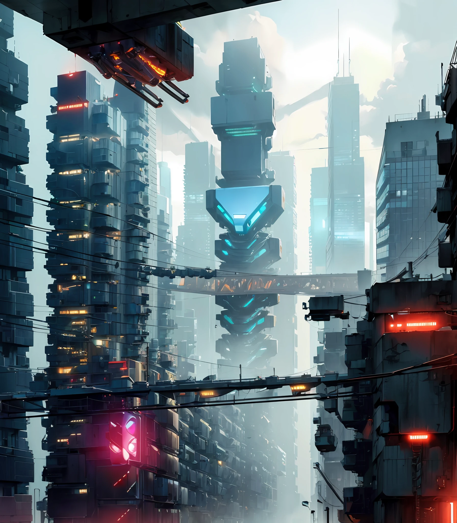 Strange and huge robots, ((Cyborg)), mechanical high-rise buildings, robots, cars, crowds, mechanical, (irregular buildings), machinery, (cyberpunk), (suspended trains), drones, Realistic lighting, (Abyss) masterpiece, high quality, beautiful graphics, high details,