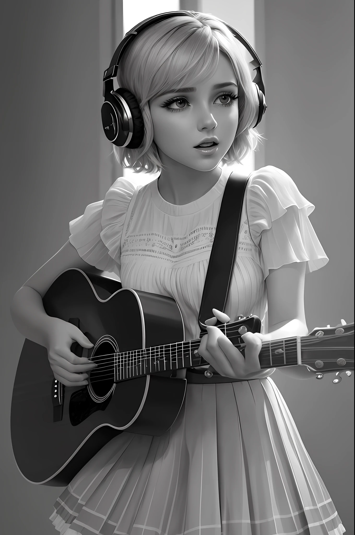 A cute pop singer with short hair and symmetrical teary eyes holds a guitar and sings into headphones, wearing a pleated skirt, with a dynamic angle, captured in a high-detailed cowboy shot, exuding a melancholy emotion, featuring soothing tones and a contrasting mix of light and shadow, all while emphasizing the subject's hair, eyes, mouth, and action in a composition that is both pleasing to the eye and thought-provoking.