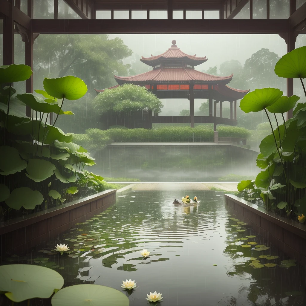 (It's raining) heavy rain, in a quiet pond, there are a few lotus leaves, a duck is swimming in the water, there is a pavilion in the distance, and a girl in the pavilion is looking at the water