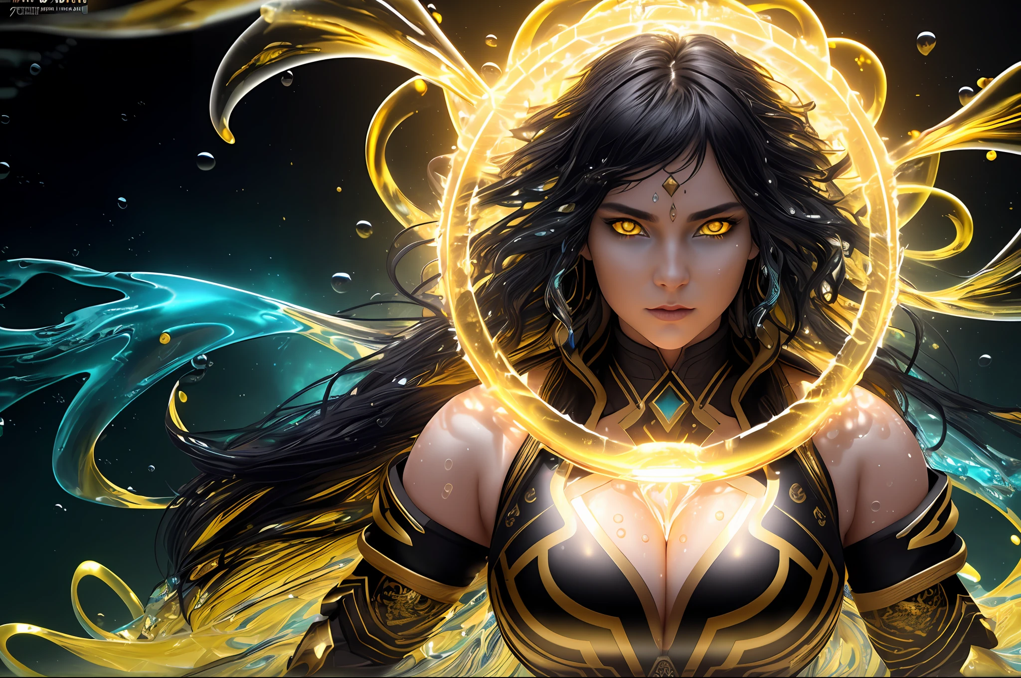 (female russian warrior), black and gold haired, ((yellow glowing eyes)),  ((Photorealistic)) close-up,  bioluminescent, realism, high detail, octane render, 8k, big boobs, (((Chaotic storm of intricate colorful liquid flowing from body))), full - length abstract portrait, wet-skin, ((bubbly underwater scenery)) radiant light octane render highly detailed