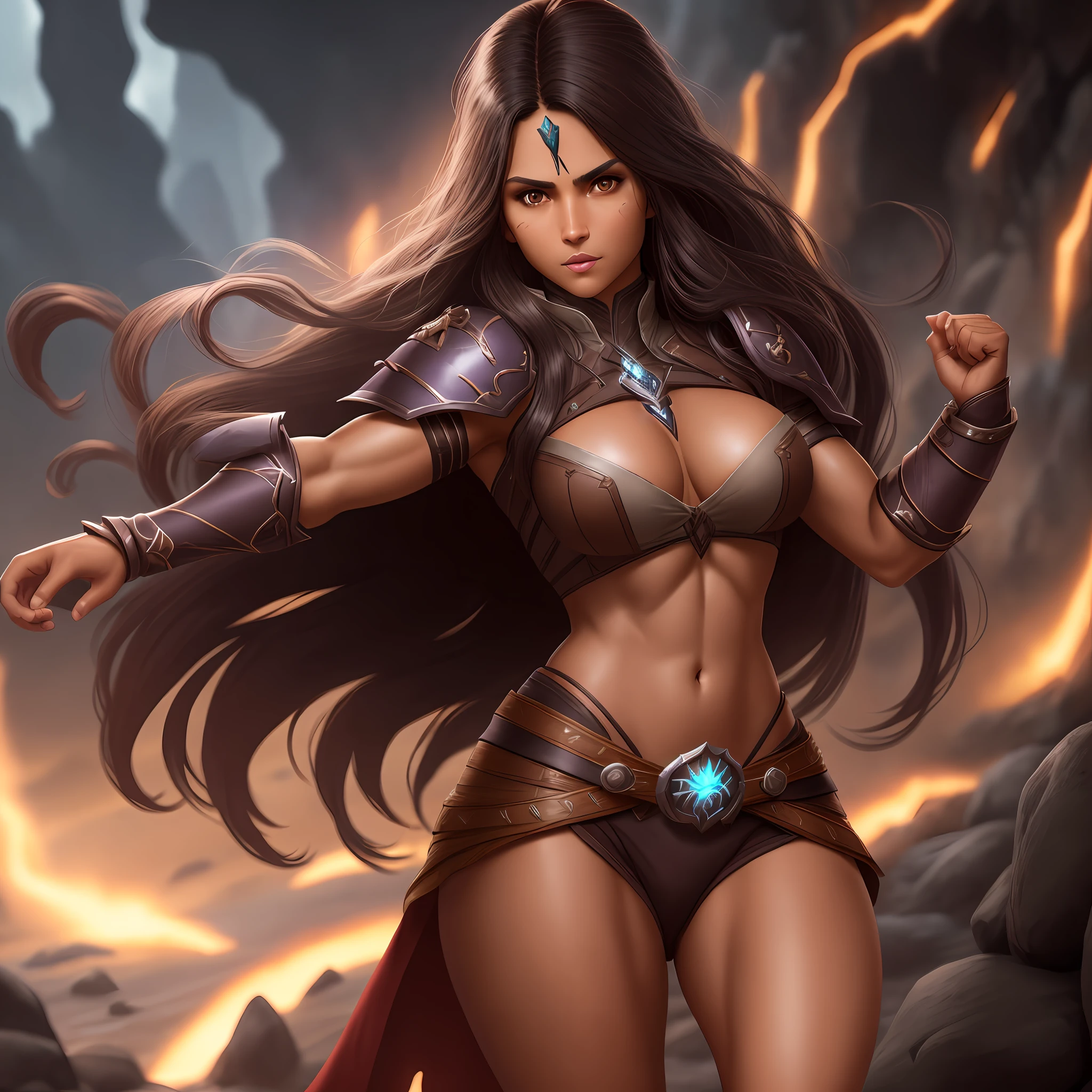 pathfinder wrath of the righteous eldritch scion, brazilian woman, tanned skin, dark long hair, brown eyes, strong tight body, cinematic lighting, high quality, high detail, super detail, high quality, high detail, super detail, 1080P, 8k