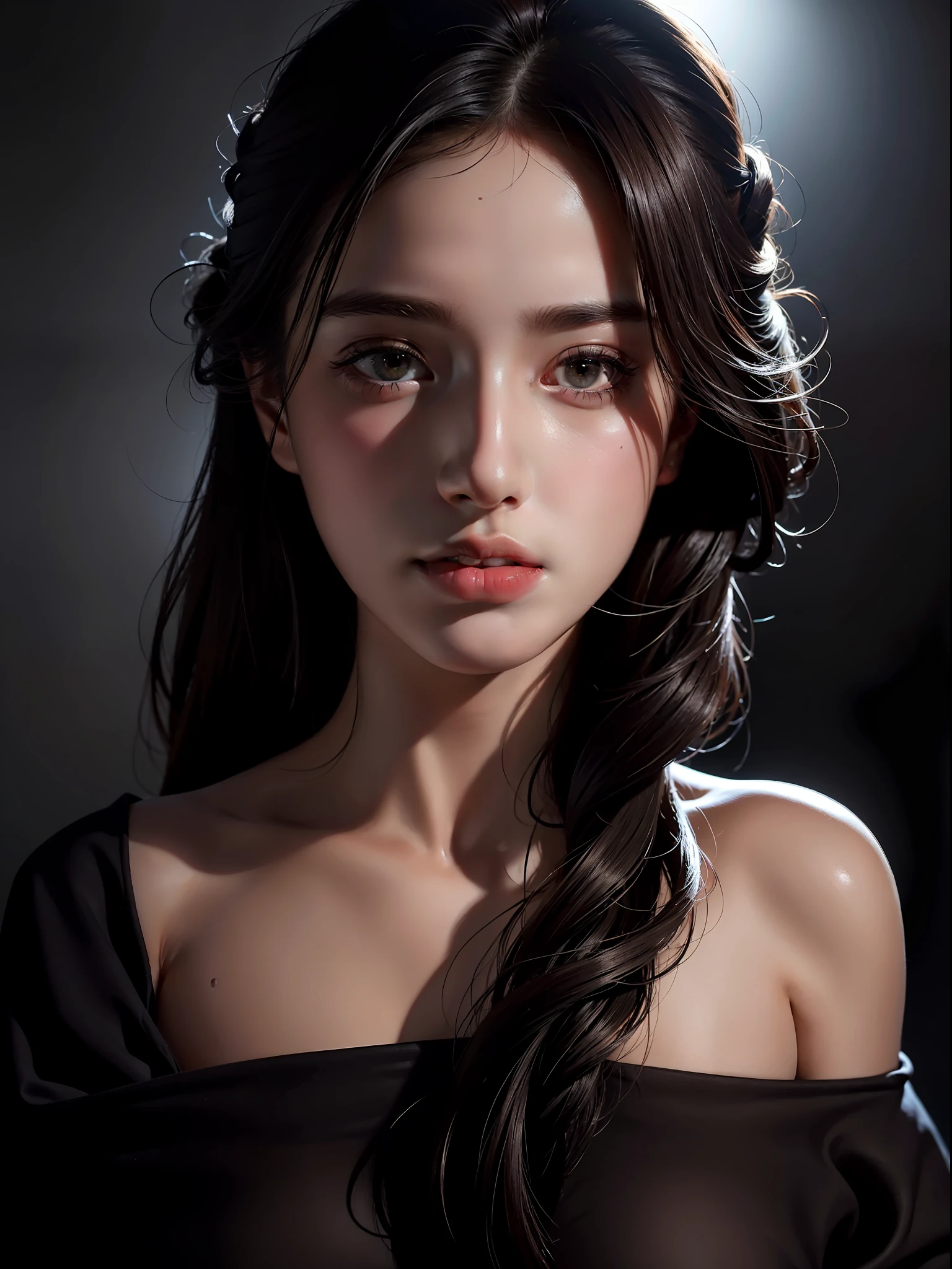 Best quality, masterpiece, ultra high res, (photorealistic:1.4), raw photo, 1girl, offshoulder, in the dark, deep shadow, low key, cold light
