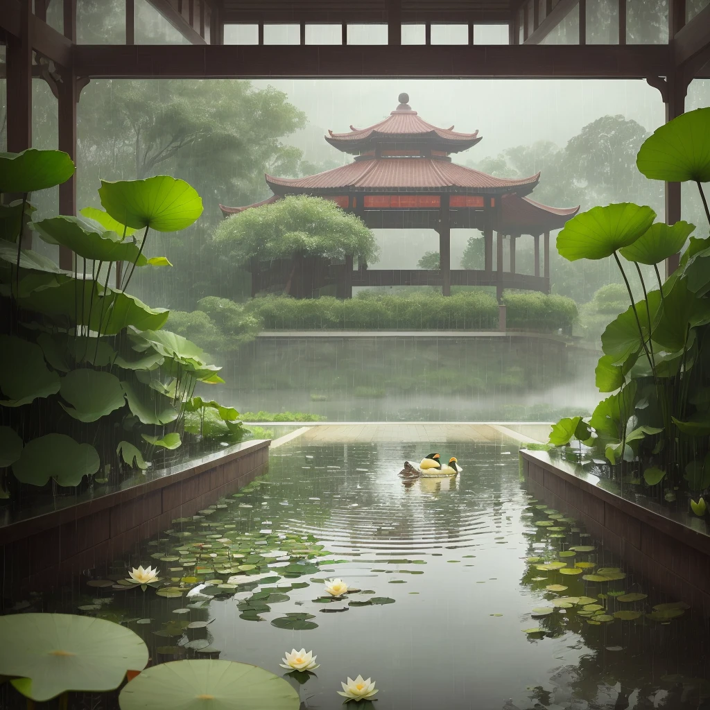 (It&#39;s raining) heavy rain,, in a quiet pond, there are a few lotus leaves, a duck is swimming in the water, there is a pavilion nearby, and there is a girl in the pavilion