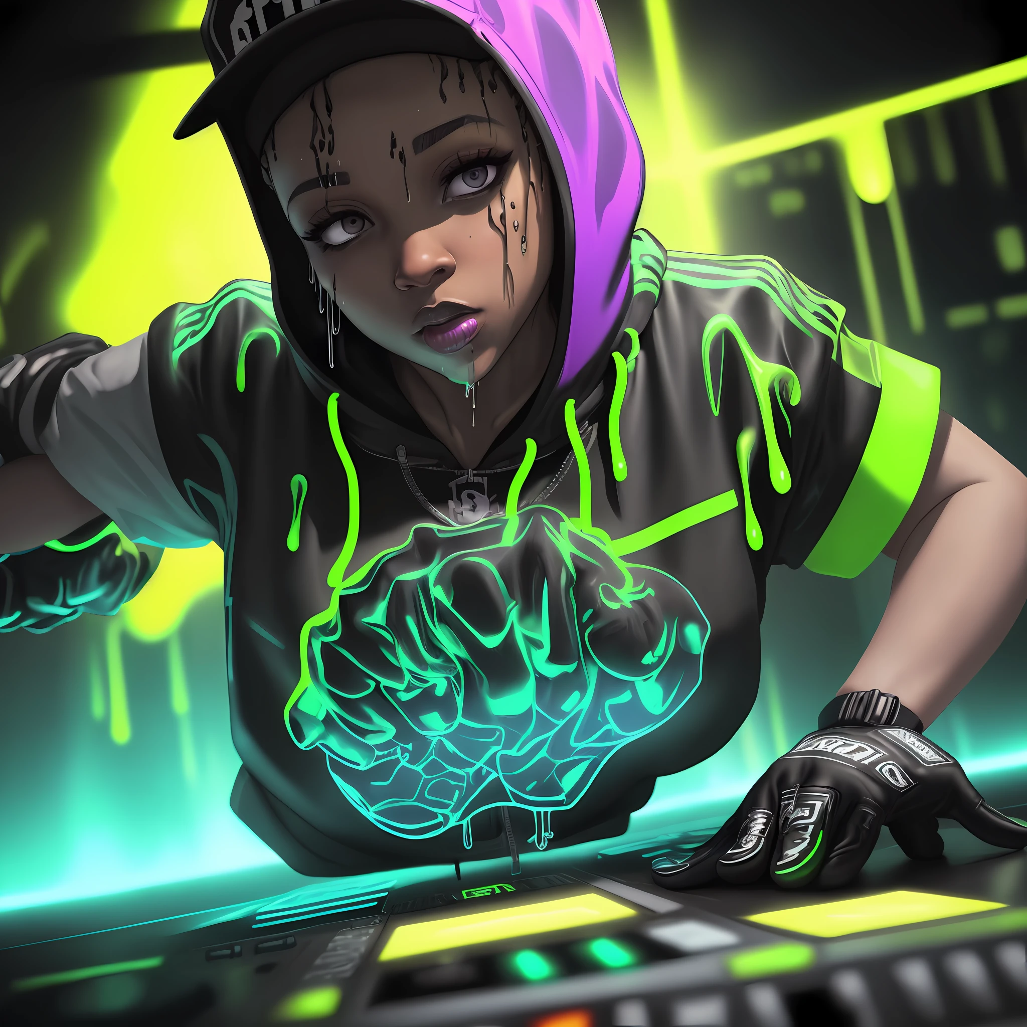 dark forensic lab forensic scientist ghetto ignorant arrogant hardcore gangsta female rapper dj testing forensic breakdance moves dripping decks in glowing bright drippy neon gear neon outline of clothes