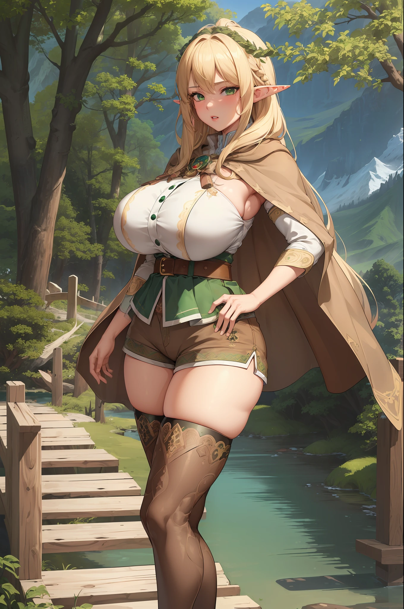 (Best Quality, Masterpiece:1.4), (Realism:1.2), (Realisitc:1.2), (Absurdres:1.2), 4K, Ultra-Detailed, bishoujo, Detailed Face, (Hyper-Detailed Eyes:1.2), (Ornate:1.2),(Nature:1.2), (Forest:1.4), (Mountains:1.2), Rocks, Rock, River, (Wooden Bridge:1.2),(Solo:1.4), 1Girl, (Standing:1.2),(Elf:1.2), Pointy Ears, (Blonde Hair:1.2), Long Hair, (Sidelocks:1.2),(Green Eyes:1.4),(Gigantic Breasts: 1.6),(wide hips: 1.3),(thick thighs: 1.2),(thick lips: 1.4),White Knee Boots, (Brown Shorts:1.2), (Brown Cloak:1.2), (Brown Thighhighs:1.4), Mint Green Dress, Black Belt,venusbody