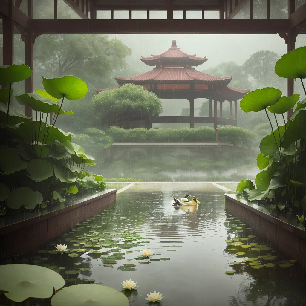 There is a pavilion nearby, there is a girl in the pavilion, (it is raining) heavy rainfall,, in a quiet pond, there are a few lotus leaves, and a duck is swimming in the water