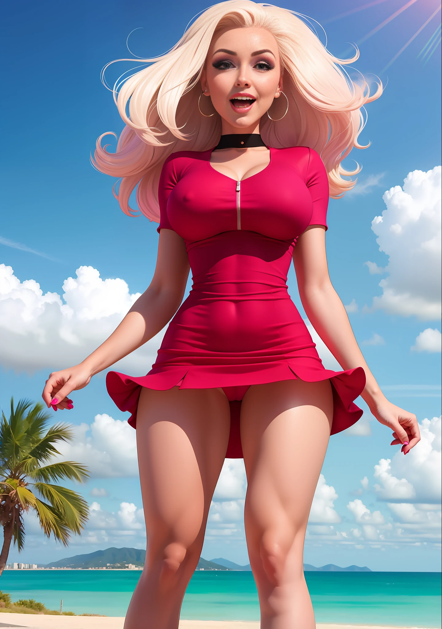 An energetic and playful young woman with bimbo features wearing a very tight dress is standing in a harsh wind blowing her skirt. Her dress is super tight, with a micro skirt and a string skirt, adding to the playfulness of her character.