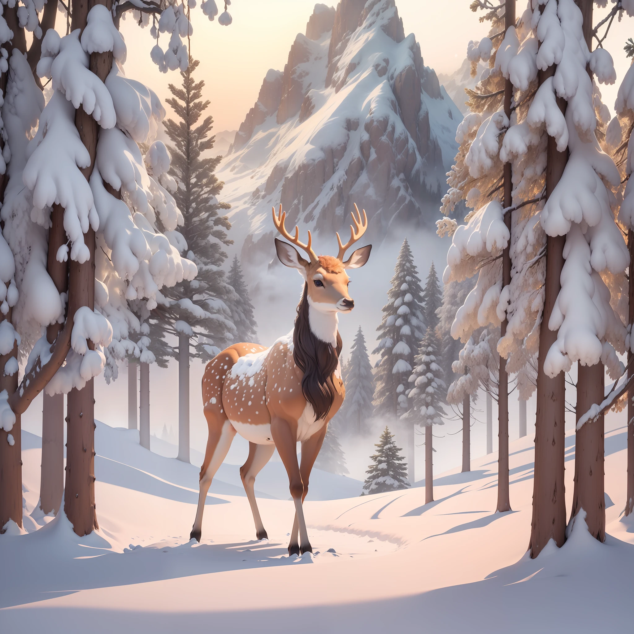 masterpiece, best quality CG unity 8k wallpaper of
(a deer in the center,1.5) stare at viewer,
A breathtaking winter landscape, blanketed in a mantle of snow. 
(a footpath) meander to  the distance, in the side, tall evergreens stand with their branches weighed down by heavy snow, 
a far way (misty mountain) has golden glow in peek