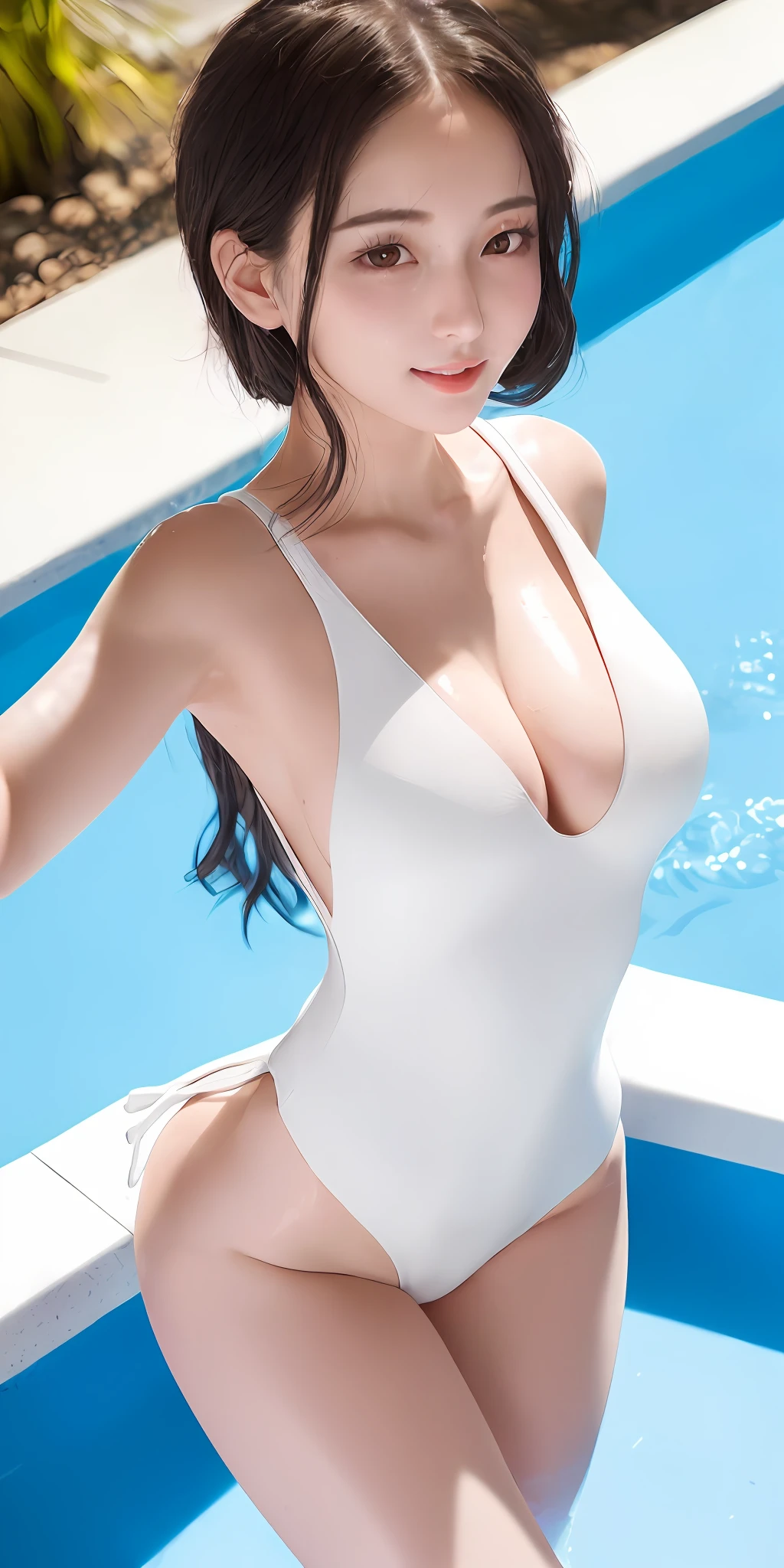 Realistic, textured skin, {best quality}, {highres}, beautiful and charming anime girl, full body photo, 28 years old, delicate and charming round face, smiling, slender and charming figure, delicate and charming collarbone, air bangs , black hair, bright peach eyes, pink lips, double eyelids, deep cleavage, (white shirred one-piece swimsuit, with slim shoulder straps and a sexy large round low back, hand-stitched shirred body texture Rich, fits snugly to frame your figure), (drenched), casually posing in pool, bright background