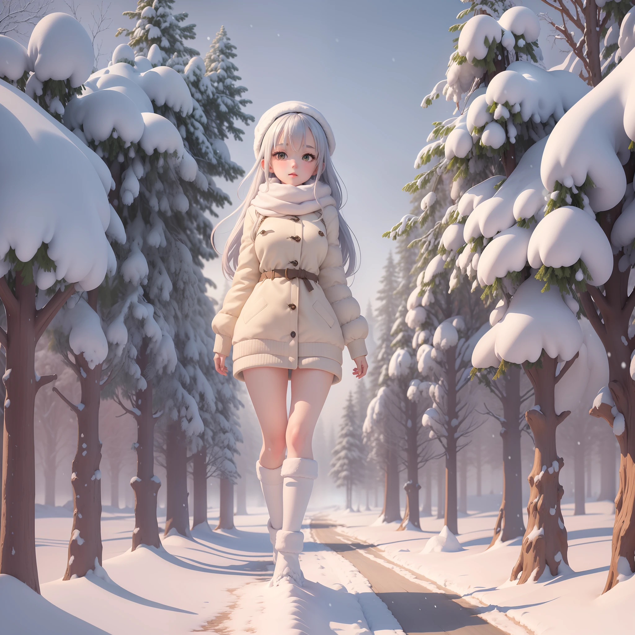 masterpiece, best quality CG unity 8k wallpaper of (a cute girl in the center,1.5) stare at viewer, A breathtaking winter landscape, blanketed in a mantle of snow. (a footpath) meander to the distance, in the side, tall evergreens stand with their branches weighed down by heavy snow, a far way (misty city)