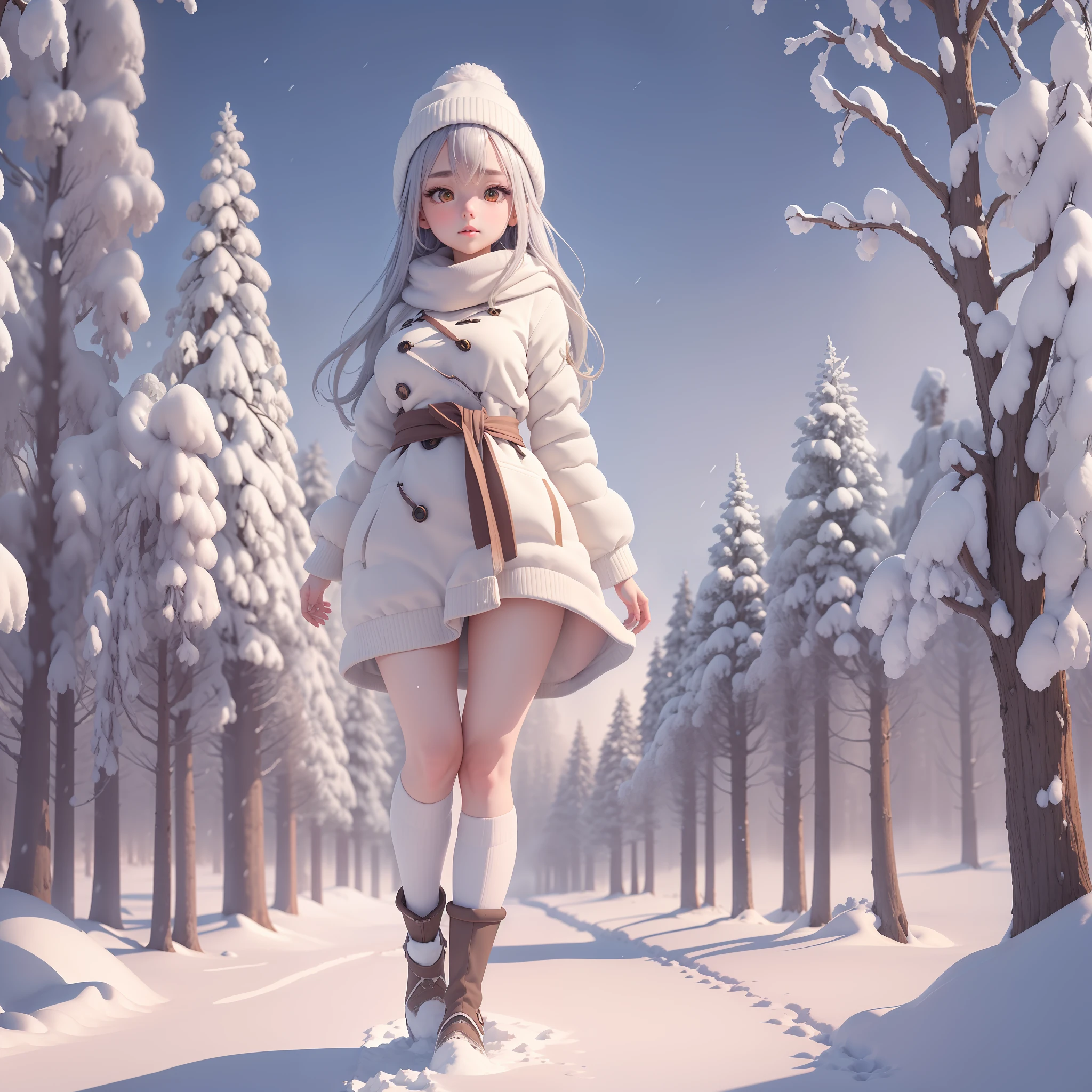 masterpiece, best quality CG unity 8k wallpaper of (a cute girl in the center,1.5) stare at viewer, A breathtaking winter landscape, blanketed in a mantle of snow. (a footpath) meander to the distance, in the side, tall evergreens stand with their branches weighed down by heavy snow, a far way (misty city)