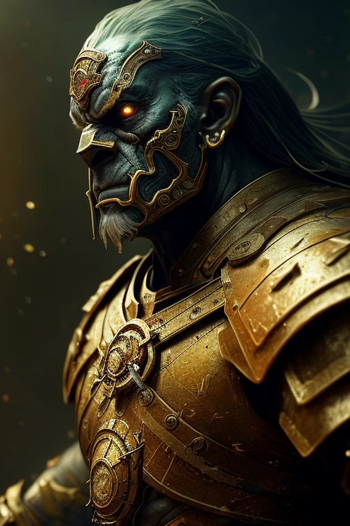 A (full body:1.3) shot at 8k resolution, splash art, fantastic comic book style, photorealistic, intense look, anatomical photorealistic digital painting portrait of a (old male:1.3) human (warrior:1.3) in black and gold intricate (heavy armor:1.3) in a (dark and moody universe:1.3), light particle, very detailed skin,samurai, very detailed eyes, (elden ring style:1.3), (warhammer style:1.1), concept artist, global illumination, depth of field, splash art, art by artgerm and greg rutkowski and viktoria gavrilenko