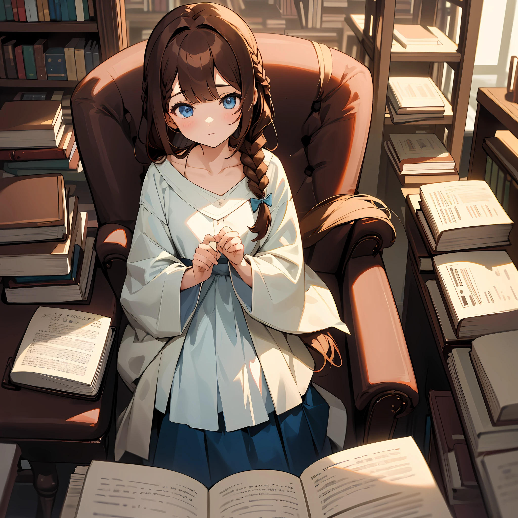 book, bookshelf, brown_hair, open_book, braid, solo, 1girl, long_hair, blue_eyes, collarbone, long_sleeves, book_stack, chair