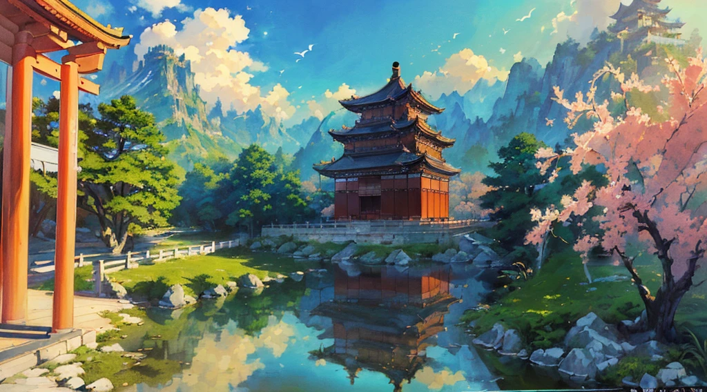 ((masterpiece, best quality, official art, unity 8k wallpaper, absurd, high resolution, (1girl: 1.4), looking to the future, (breathtaking scenery: 1.2), natural wonders, peaceful vistas, outdoor adventures, ( Diverse ecosystem: 1.2), beautiful scenery, trees, Chinese palace, flowers, bridges, fences, birds, ancient Chinese architecture, traditional Japanese concept art, concept art style, detailed 2d illustration, concept art, concept art, Ultra detailed colorful lowpoly art, concept art style, concept art for video games, 2d concept art, concept art illustration, (intricate details), (intricate design, ultra detail: 1.2), art station, (masterpiece, best quality), UHD, 32k, high resolution, extreme detail, Chinese palace, original painting, illustration, Japanese temple, Chinese temple, (((architecture))), beautiful and flawless, amazing architecture