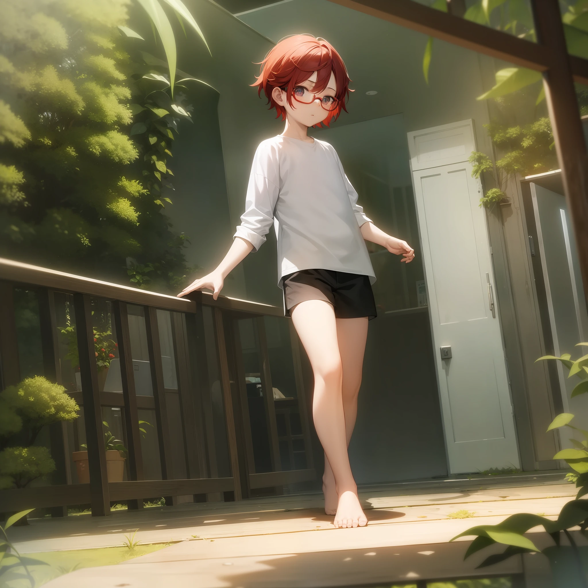 ((masterpiece, best quality)),(complex light), 1boy, full body, solo,child, sherman,red hair,glasses, white shirt, black shorts, walking, jungle,