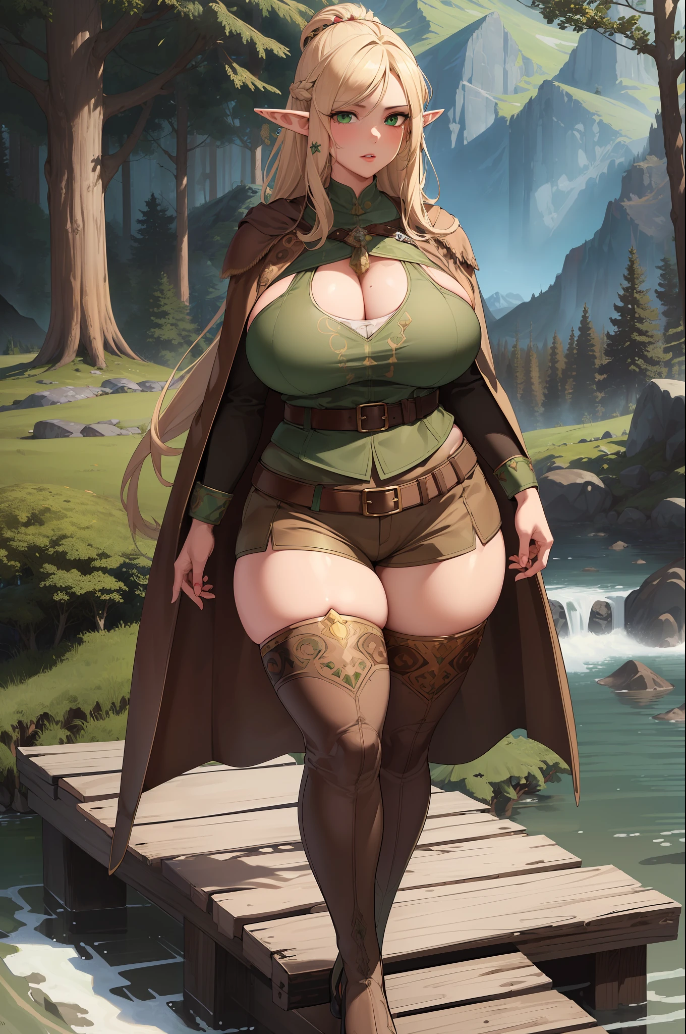 (Best Quality, Masterpiece:1.4), (Realism:1.2), (Realisitc:1.2), (Absurdres:1.2), 4K, Detailed, Ultra-Detailed, Digital Art, Detailed Face, (Hyper-Detailed Eyes:1.2), (Ornate:1.2),(Nature:1.2), (Forest:1.4), (Mountains:1.2), Rocks, Rock, River, (Wooden Bridge:1.2),(Solo:1.4), 1Girl, (Standing:1.2),(Elf:1.2), Pointy Ears, (Blonde Hair:1.2), Long Hair, (Sidelocks:1.2),(Green Eyes:1.4),(Gigantic Breasts: 1.6),(wide hips: 1.3),(thick thighs: 1.2),(thick lips: 1.4),White Knee Boots, (Brown Shorts:1.2), (Brown Cloak:1.2), (Brown Thighhighs:1.4), Mint Green Dress, Black Belt,venusbody