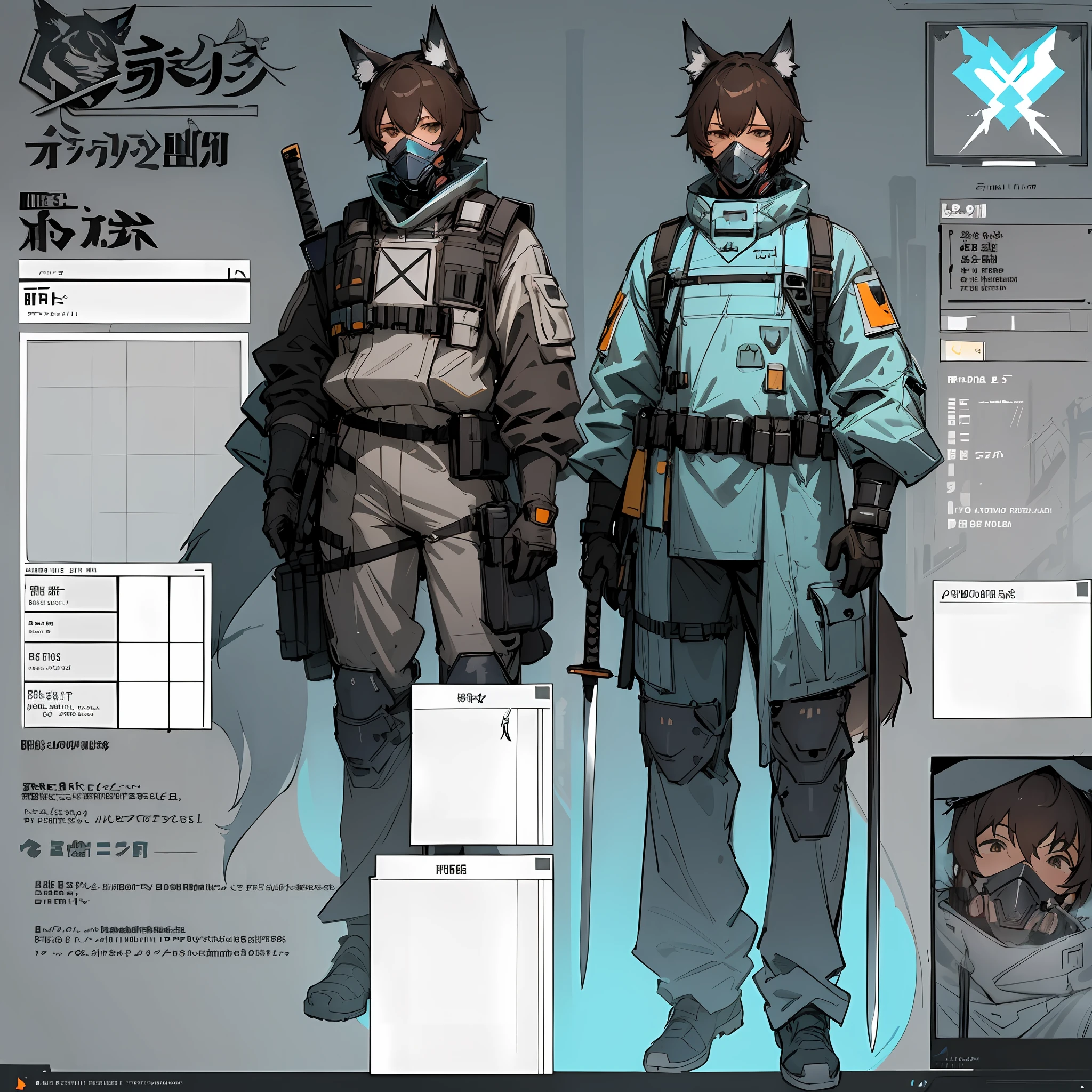 ((masterpiece)), (ultra detailed), (best quality), detailed background, (style of Arknights), (concept art, character sheet), (adult man, tall, muscular body, dark brown hair, short hair), (hazmat suit, tactical vest, tactical face mask, blue goggles, respirator), (cyan light-reflecting patch on chestplate), (sword in hand, longsword, detailed sword), ((realistic detailed equipment)), ((detailed realistic wolf ears and tail, human with animal traits)),