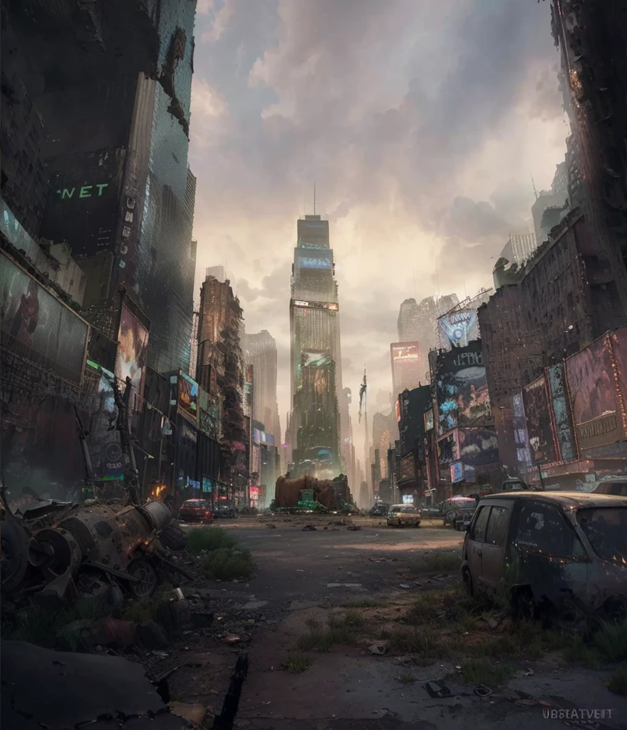 arafed city street with a clock tower in the distance, post-apocalyptic times square, digital concept art of dystopian, post - apocalyptic city streets, post - apocalyptic city, post apocalyptic district, post apocalyptic city, an abandoned dystopian city, in a post apocalyptic city, post apocalyptic new york, urban concept art, cyberpunk city abandoned, dystopin future, outdoors ruined cityscape