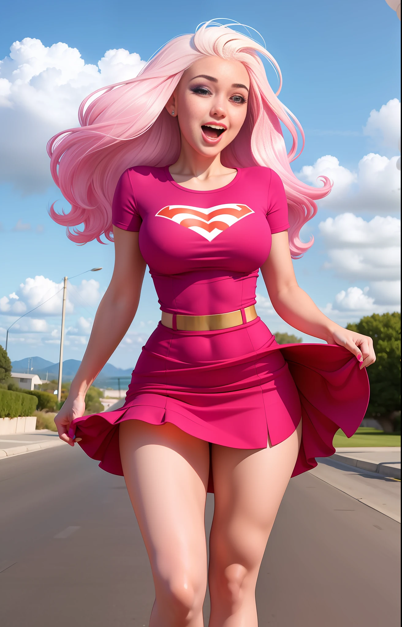 An energetic and playful young teen with bimbo features wearing a very tight dress is standing in a harsh wind blowing her skirt. Her dress is super tight, with a micro skirt and a string skirt, adding to the playfulness of her character.