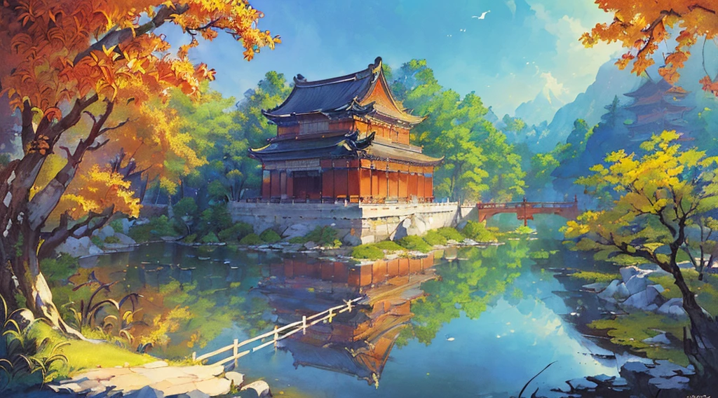 ((masterpiece, best quality, official art, unity 8k wallpaper, absurd, high resolution, (1girl: 1.4), looking to the future, (breathtaking scenery: 1.2), natural wonders, peaceful vistas, outdoor adventures, ( Diverse ecosystem: 1.2), beautiful scenery, trees, Chinese palace, flowers, bridges, fences, birds, ancient Chinese architecture, traditional Japanese concept art, concept art style, detailed 2d illustration, concept art, concept art, Ultra detailed colorful lowpoly art, concept art style, concept art for video games, 2d concept art, concept art illustration, (intricate details), (intricate design, ultra detail: 1.2), art station, (masterpiece, best quality), UHD, 32k, high resolution, extreme detail, Chinese palace, original painting, illustration, Japanese temple, Chinese temple, (((architecture))), immaculately beautiful, stunning architecture, carved beams and painted buildings, beautiful scenery, inspiration From Jin Yong martial arts, sunshine, ink painting style, clean color, decisive cutting, blank space, realistic, epic composition