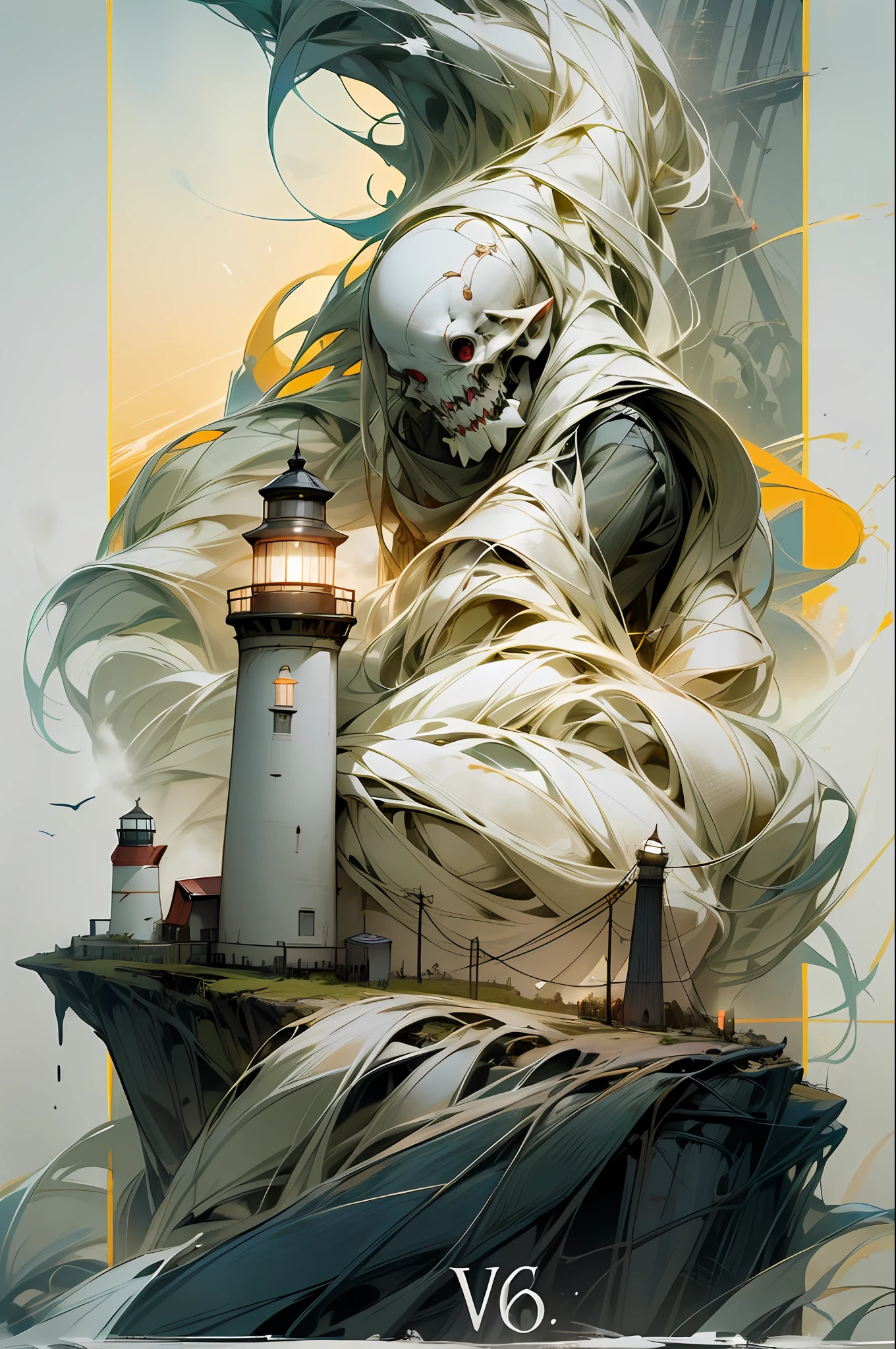 Movie poster production, horror, eerie atmosphere, evening, big scene, sea, horror, lighthouse in the distance, distant view, characters and lighthouse are very small, there is a slightly bright lighthouse in the distance, big scene, there is a small lighthouse in the distance figure of --v 6