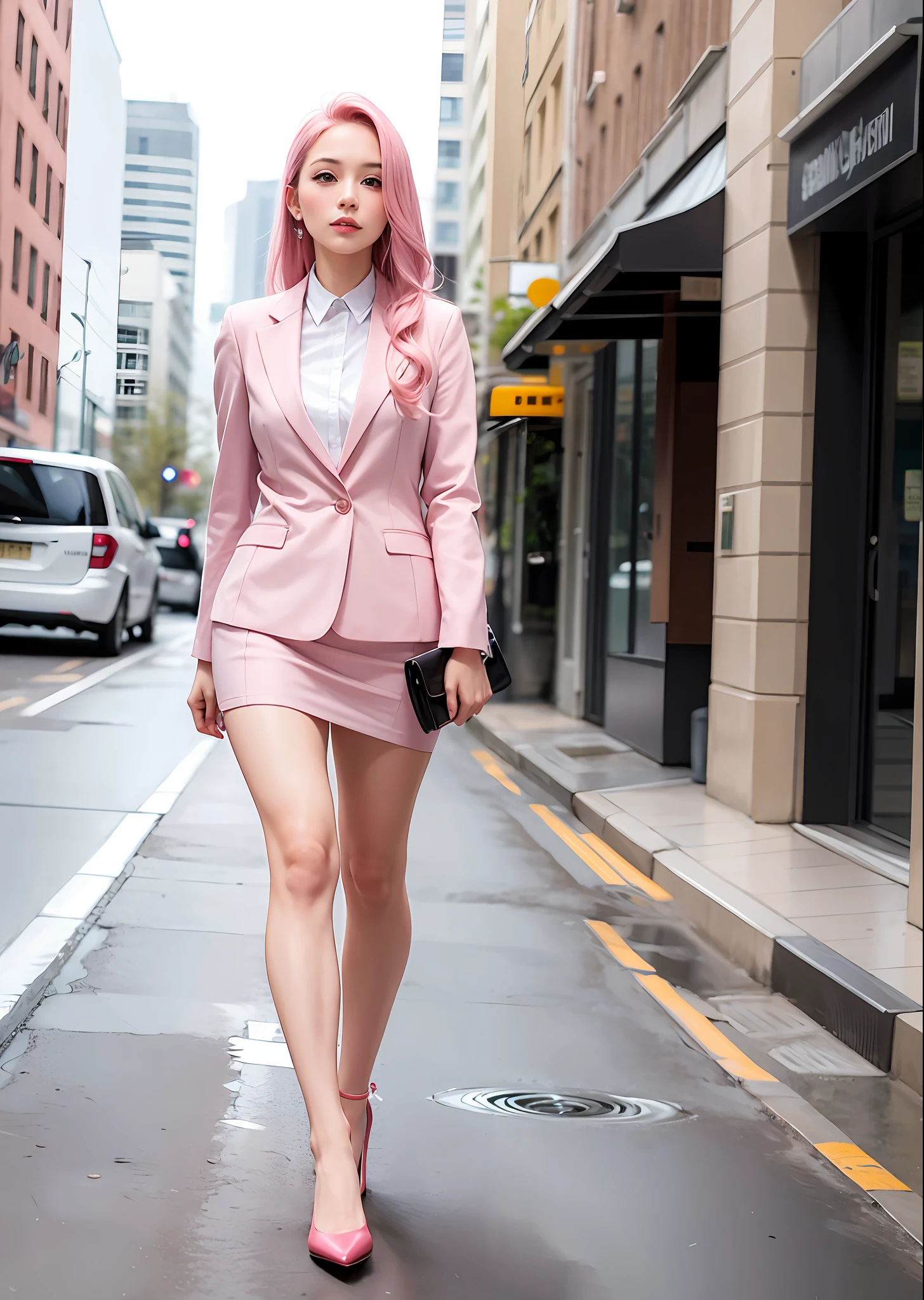 beautiful business woman, pink long hair, walking and looking to the distant, looking away from viewer