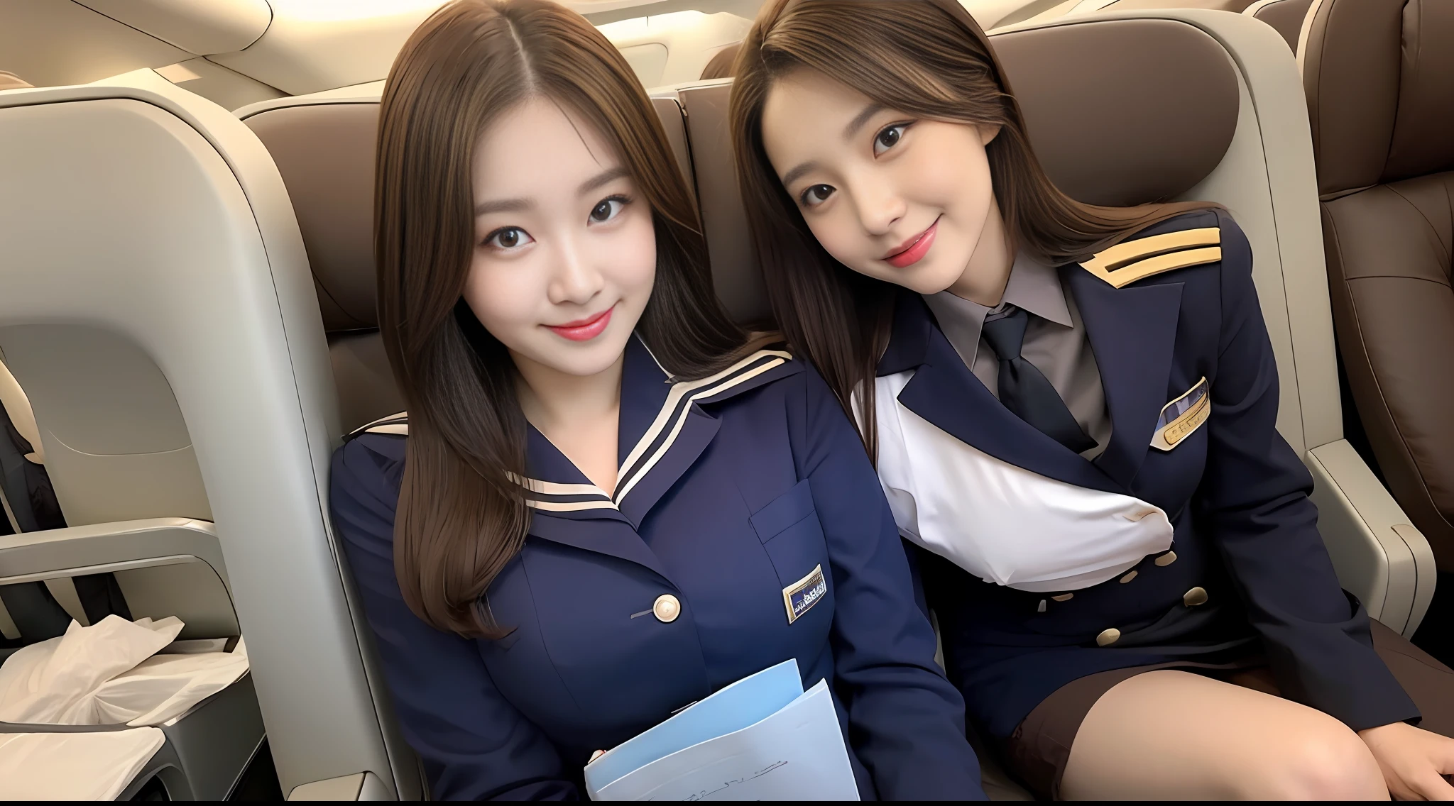 masterpiece, stewardess, uniform seduction, short skirt, smile, stewardess, long brown hair, on the plane seat, breasts,