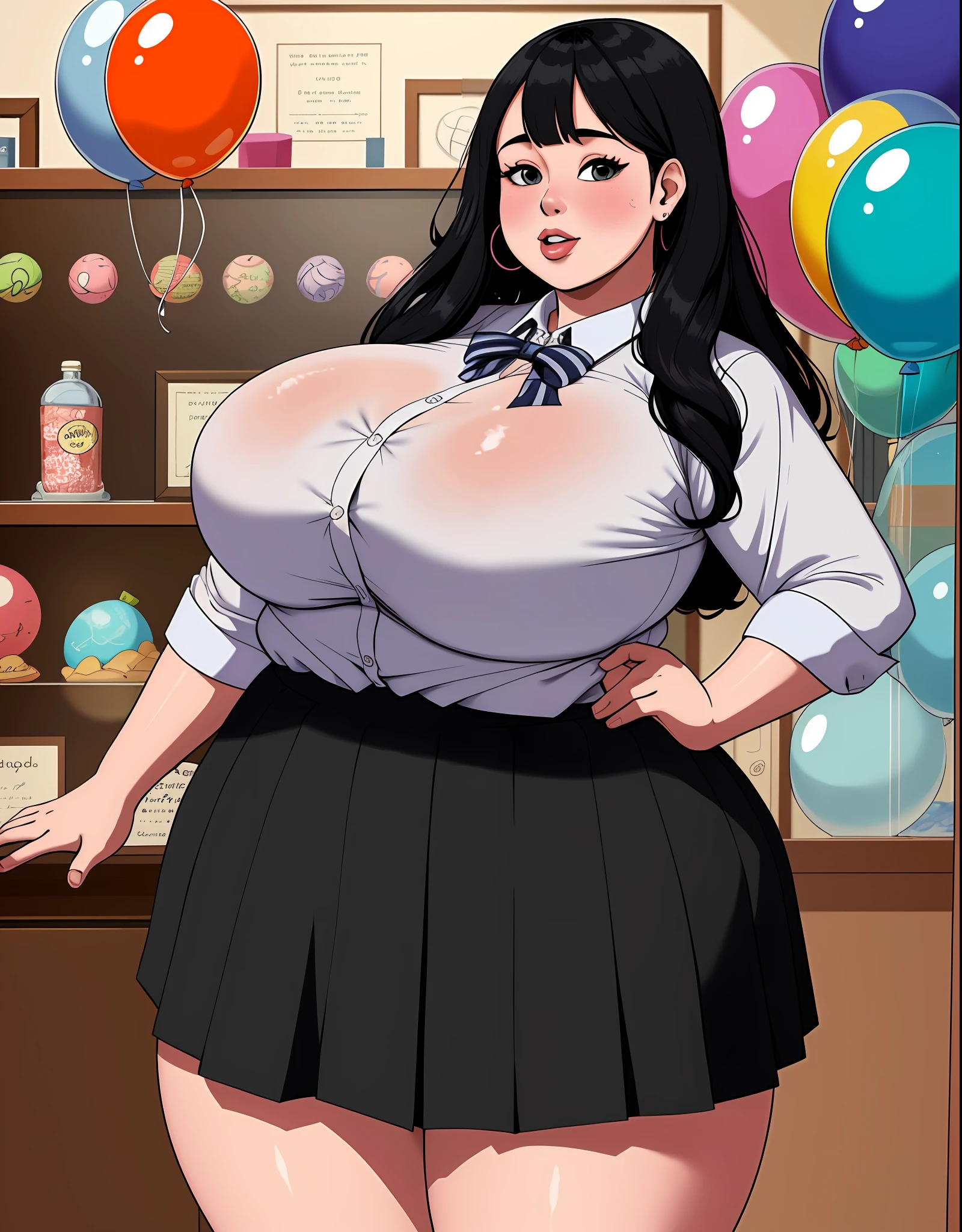 Fat ssbbw girl, a woman standing in front of a display case, tattoo sleeve on her right arm, school uniform,  shirt, balloons, excessivism, huge black circle, layered skirts