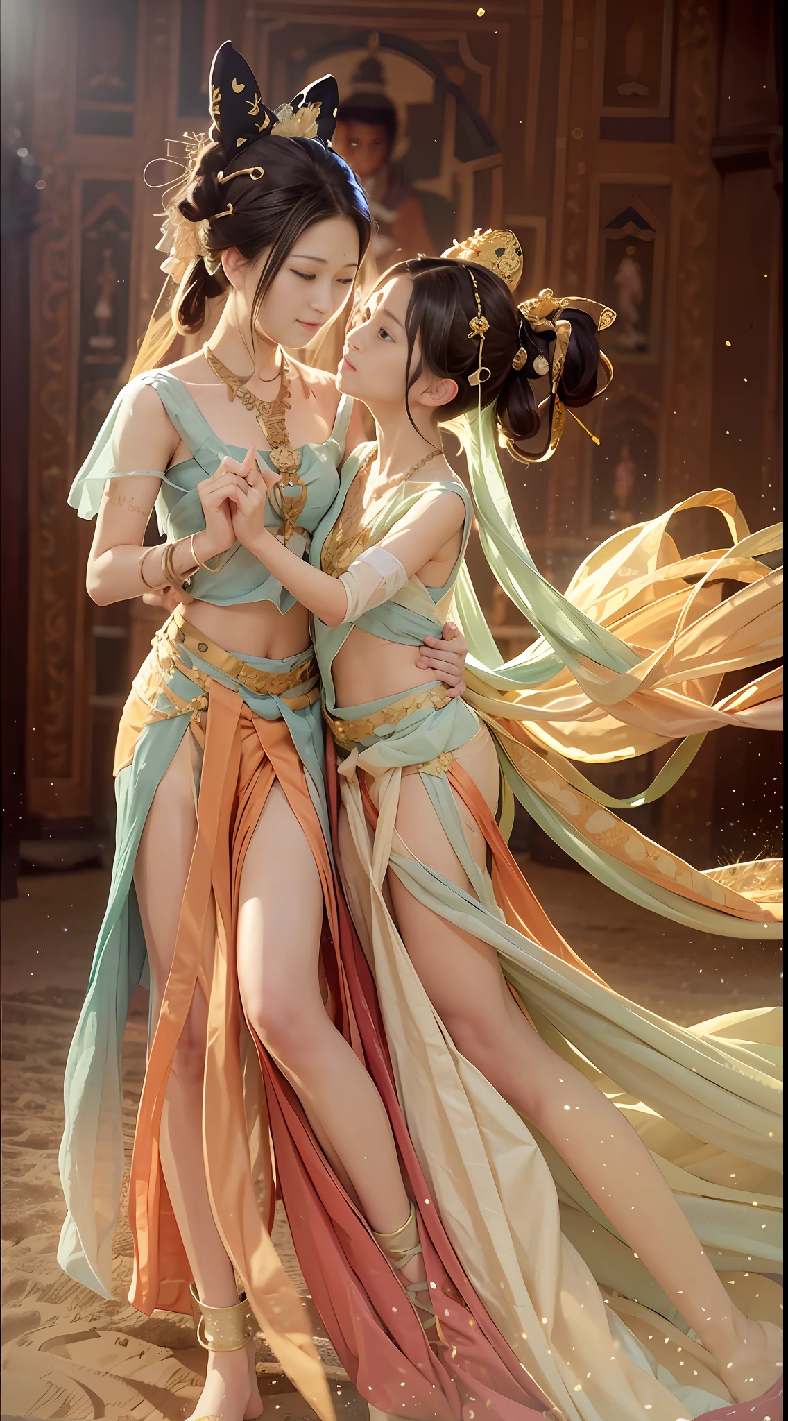 (8k, RAW photo, best quality, masterpiece: 1.2), (realistic, photo-realistic: 1.4), (extremely detailed CG unity 8k wallpaper), (2 girls: 1.5), (hugging each other, looking at each other: 1.4), full body, thighs, exposed navel, golden waist chain, golden jewelry, particles, dance, dunhuang_dress, dunhuang_style, dunhuang_background, blurry_background,