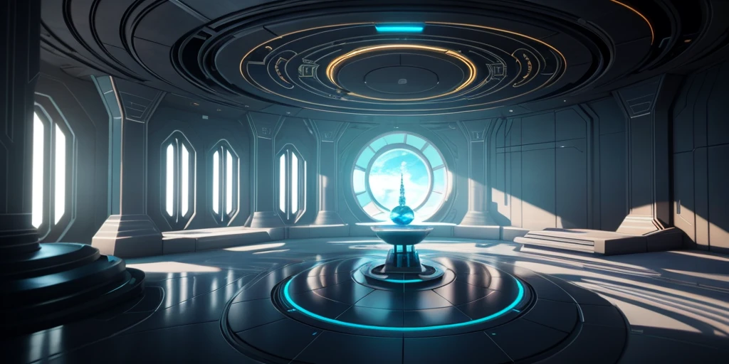 There is a futuristic room with a circular ceiling, unreal engine render concept art, 8k high detail concept art, stunning visuals with rtx on, detailed cinematic render, exterior of a sci-fi temple, 8k cg render, destiny 2 style, god of war 4 Styles, Norse Mythology, Unreal Engine Rendering Saint Seiya, Fantasy Style 8K Octane Rendering, Unreal Engine Rendering + Goddess, Surreal Sci-Fi Set Design