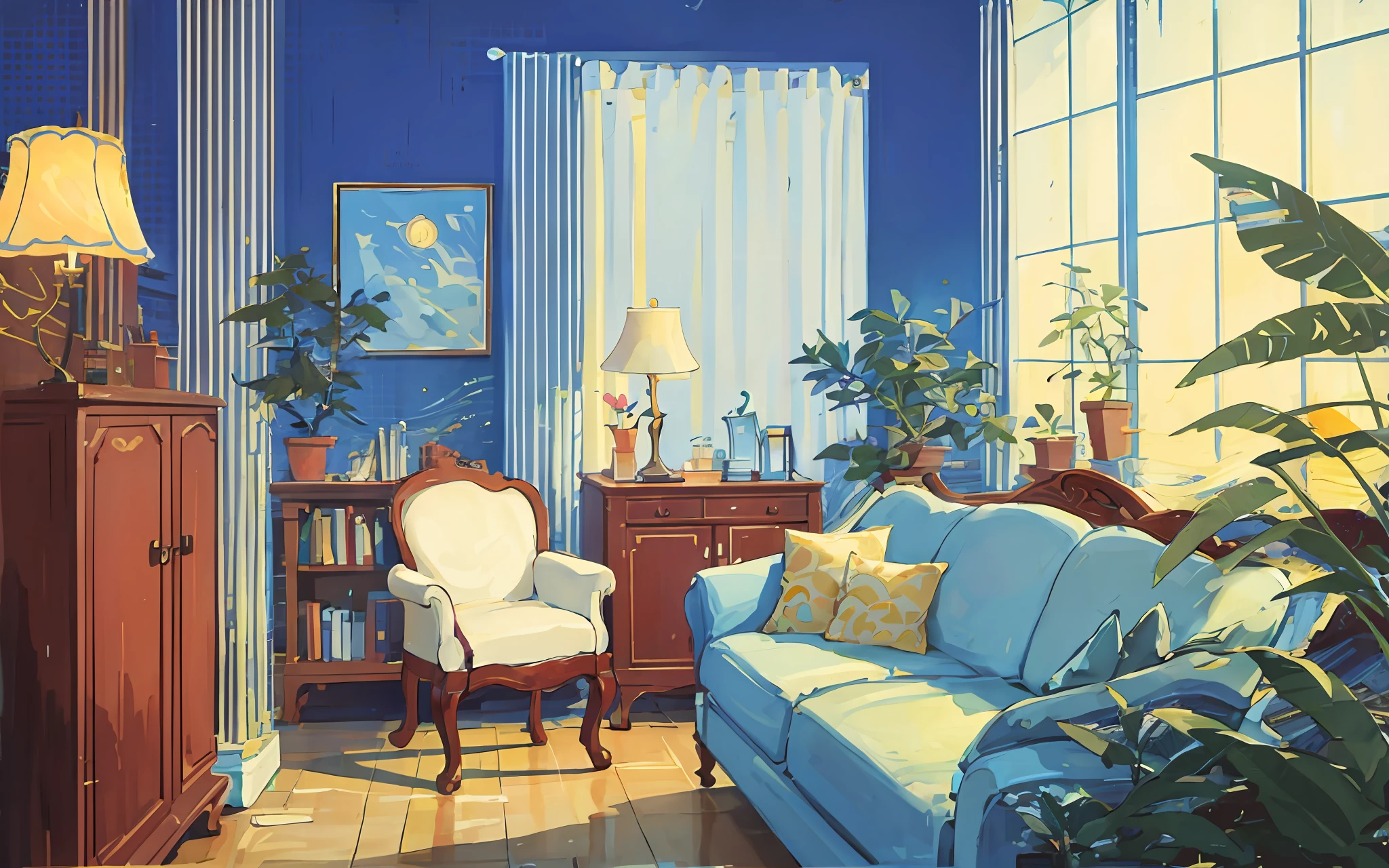 living room, sofa, window, curtains, dappled sunlight, potted plant, table, cabinet, bookshelf, paper, lamp, typewriter, garden