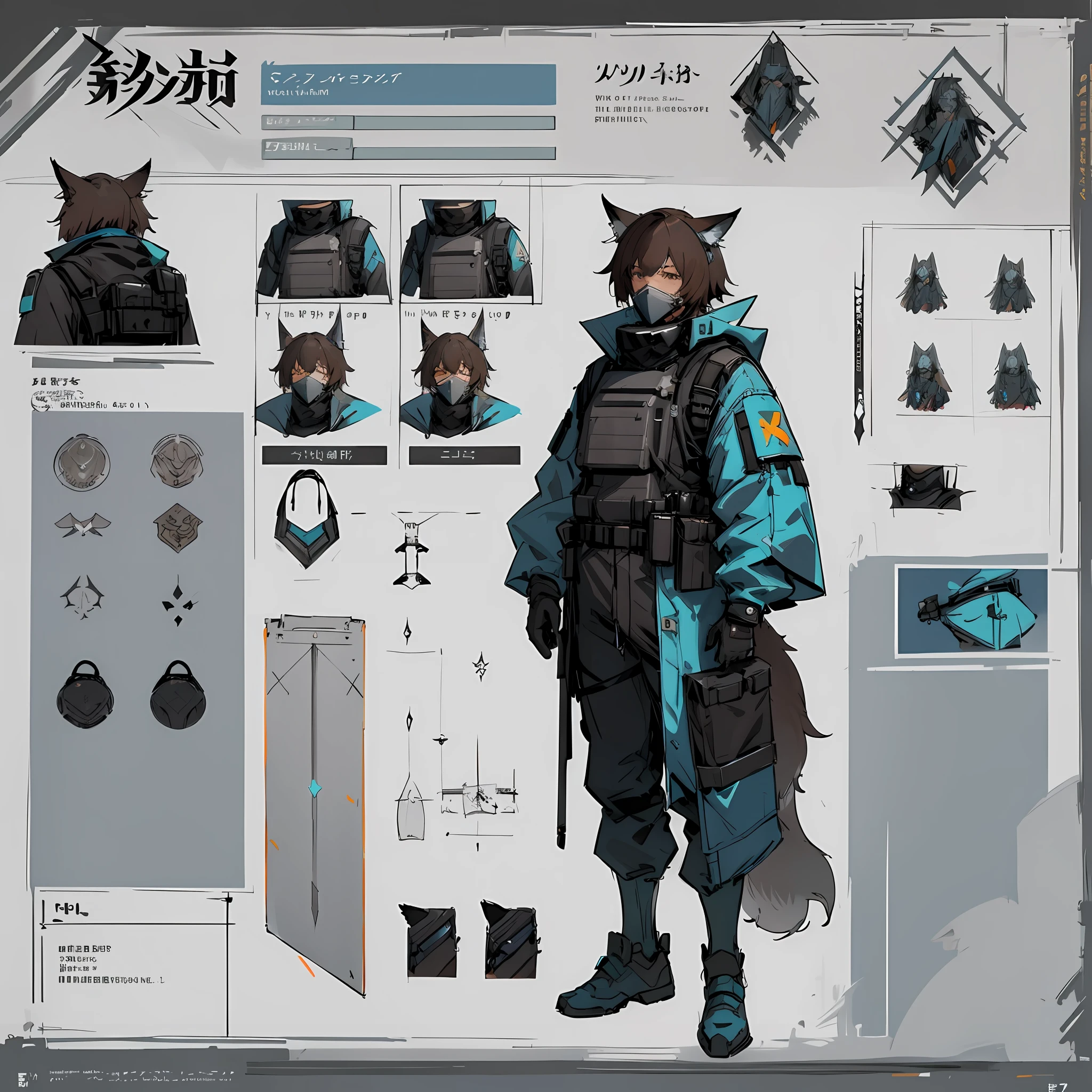 ((masterpiece)), (ultra detailed), (best quality), detailed background, (style of Arknights), (concept art, character sheet), (adult man, tall, muscular body, dark brown hair, short hair), (hazmat suit, tactical vest, tactical face mask, blue goggles, respirator), (cyan light-reflecting patch on chestplate), (sword in hand, longsword, detailed sword), ((realistic detailed equipment)), ((detailed realistic wolf ears and tail, human with animal traits)),