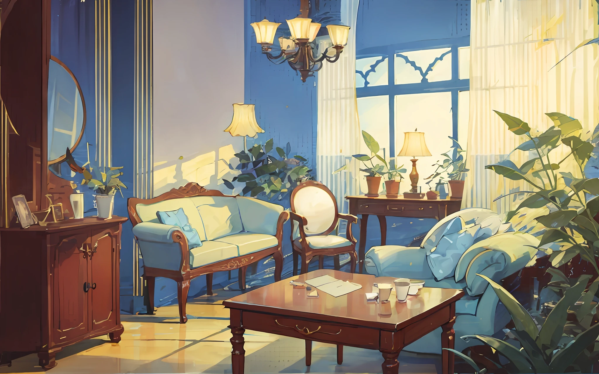living room, sofa, window, curtains, dappled sunlight, potted plant, table, cabinet, bookshelf, paper, lamp, typewriter, garden
