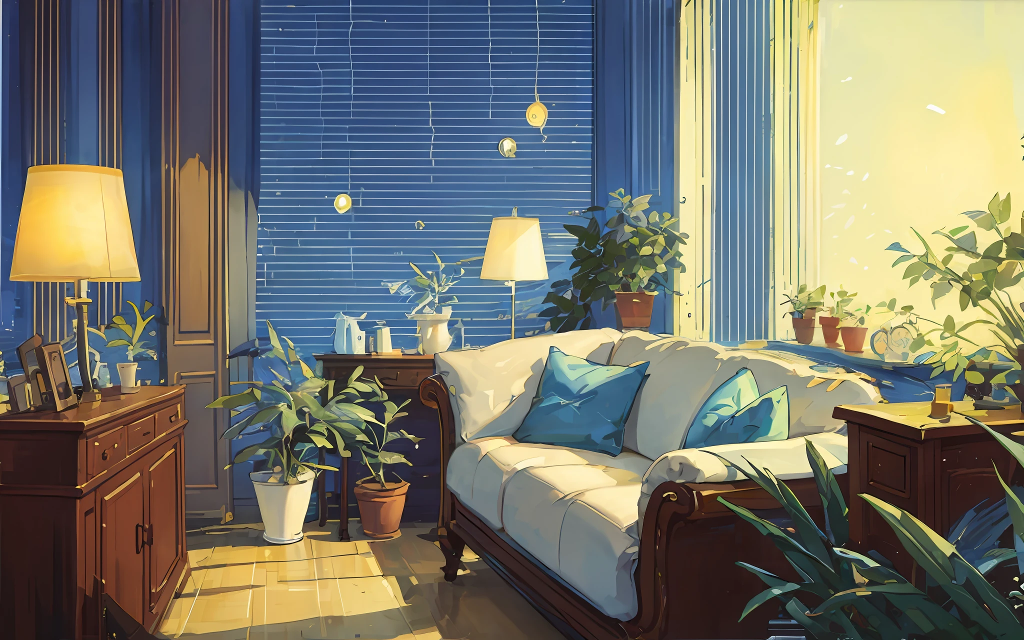 living room, sofa, window, curtains, dappled sunlight, potted plant, table, cabinet, bookshelf, paper, lamp, typewriter, garden