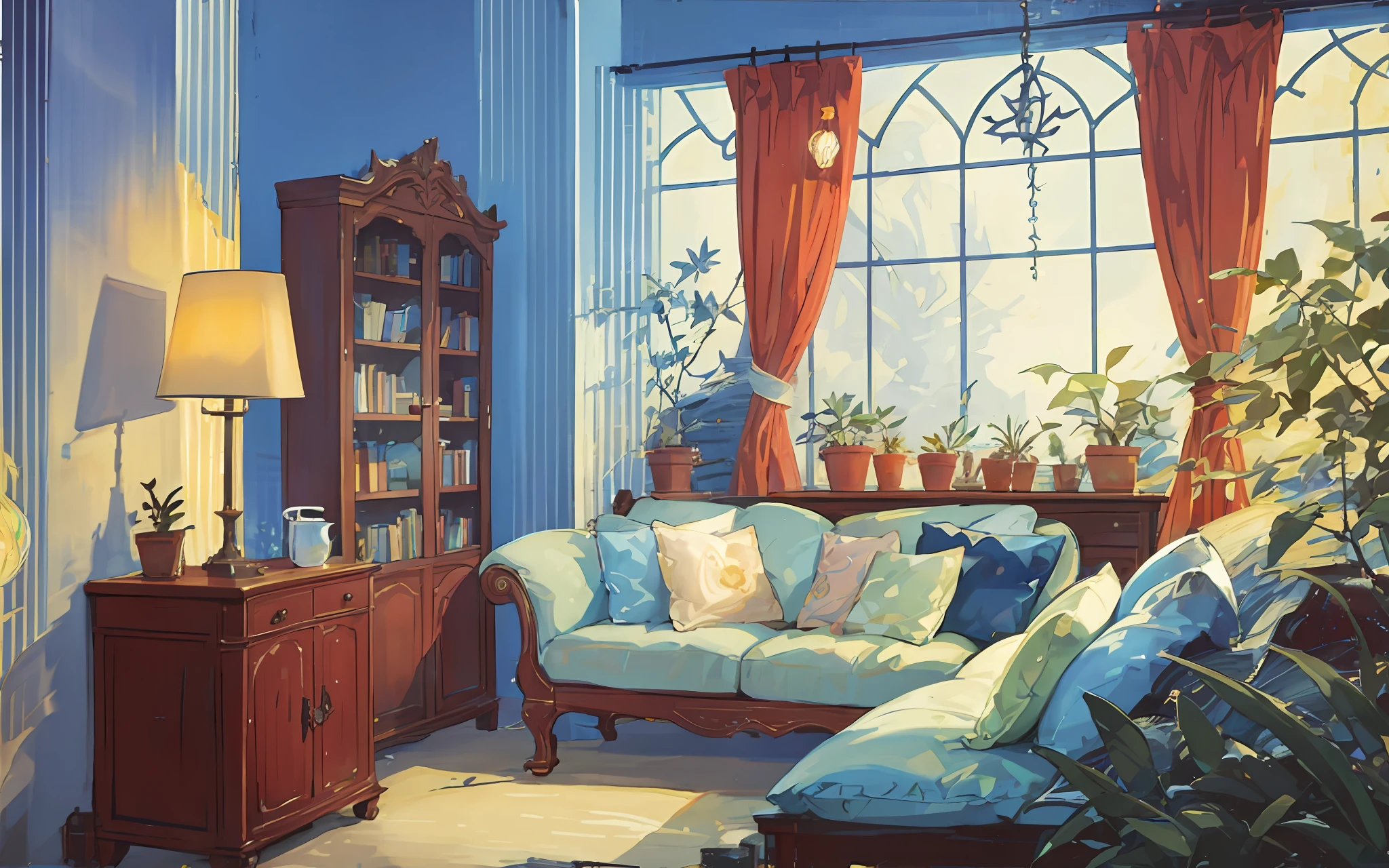 living room, sofa, window, curtains, dappled sunlight, potted plant, table, cabinet, bookshelf, paper, lamp, typewriter, garden