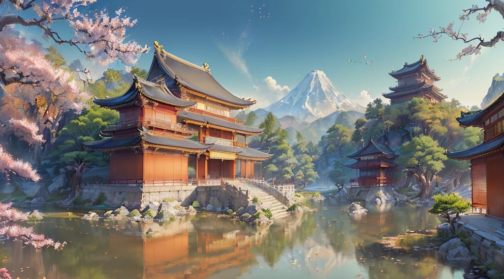 ((masterpiece, best quality, official art, unity 8k wallpaper, absurd, high resolution, (1girl: 1.4), looking to the future, (breathtaking scenery: 1.2), natural wonders, peaceful vistas, outdoor adventures, ( Diverse ecosystem: 1.2), beautiful scenery, trees, Chinese palace, flowers, bridges, fences, birds, ancient Chinese architecture, traditional Japanese concept art, concept art style, detailed 2d illustration, concept art, concept art, Ultra detailed colorful lowpoly art, concept art style, concept art for video games, 2d concept art, concept art illustration, (intricate details), (intricate design, ultra detail: 1.2), art station, (masterpiece, best quality), UHD, 32k, high resolution, extreme detail, Chinese palace, original painting, illustration, Japanese temple, Chinese temple, (((architecture))), immaculately beautiful, stunning architecture, carved beams and painted buildings, beautiful scenery, inspiration From Jin Yong martial arts, sunshine, the original painting of the game scene, Ghibli style, clean color, decisive cutting, blank space, realistic, epic composition