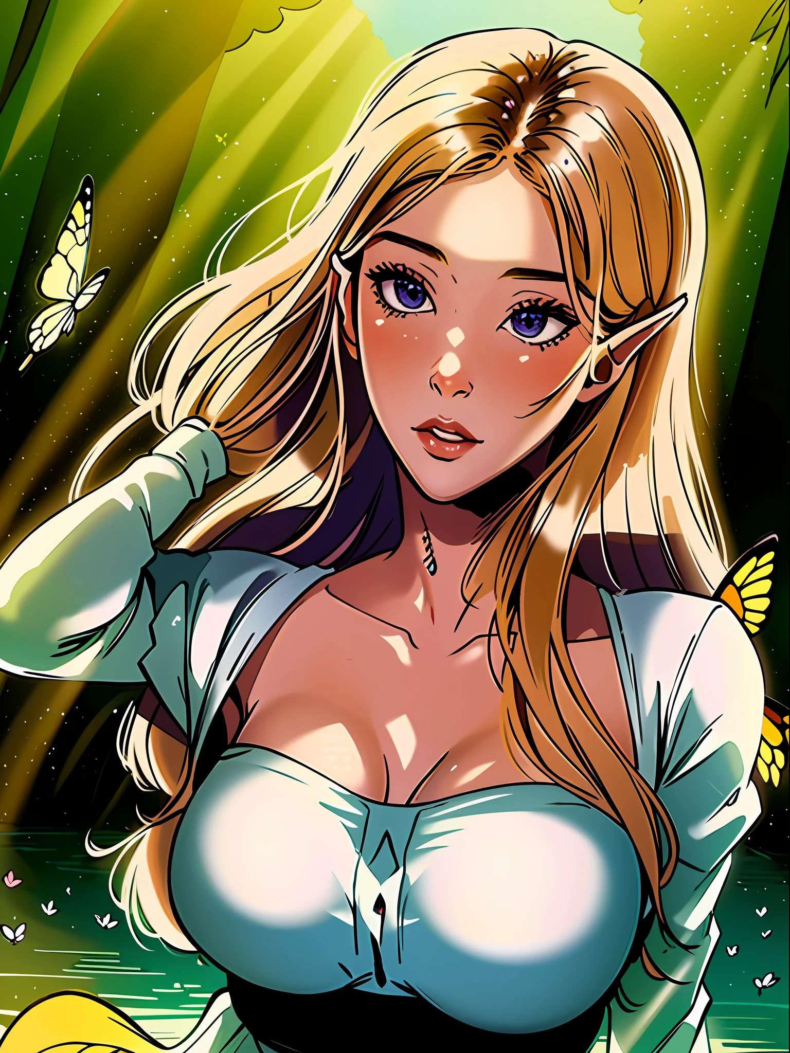 masterpiece, best quality,((masterpiece)),(best quality), (illustration:1.4),((extremely detailed CG unity 4k wallpaper)),(cinematic lighting),official_art, huge_filesize, (elf),(Butterfly wings:1.3),((Bramble corolla)),,flower on face,blonde hair,forest,river,beautiful detailed flowery meadow,lake,(floating petal),flowers,wind,cumulonimbus cloud,sunlight,medium breasts,(Stonehenge:1.05),tiara,floating in air,fog,White silk clothes,