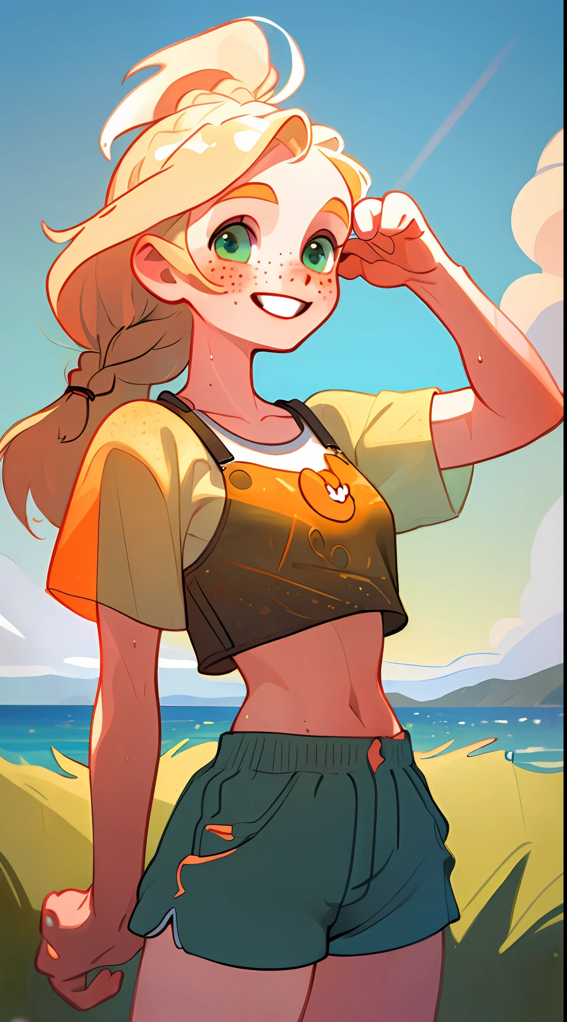 (best quality, masterpiece), 1girl, standing, upper body, blonde, long hair, braid, ocean, crop-top, shorts, wet, happy, freckles, paw pose, mountain, sun, cloud