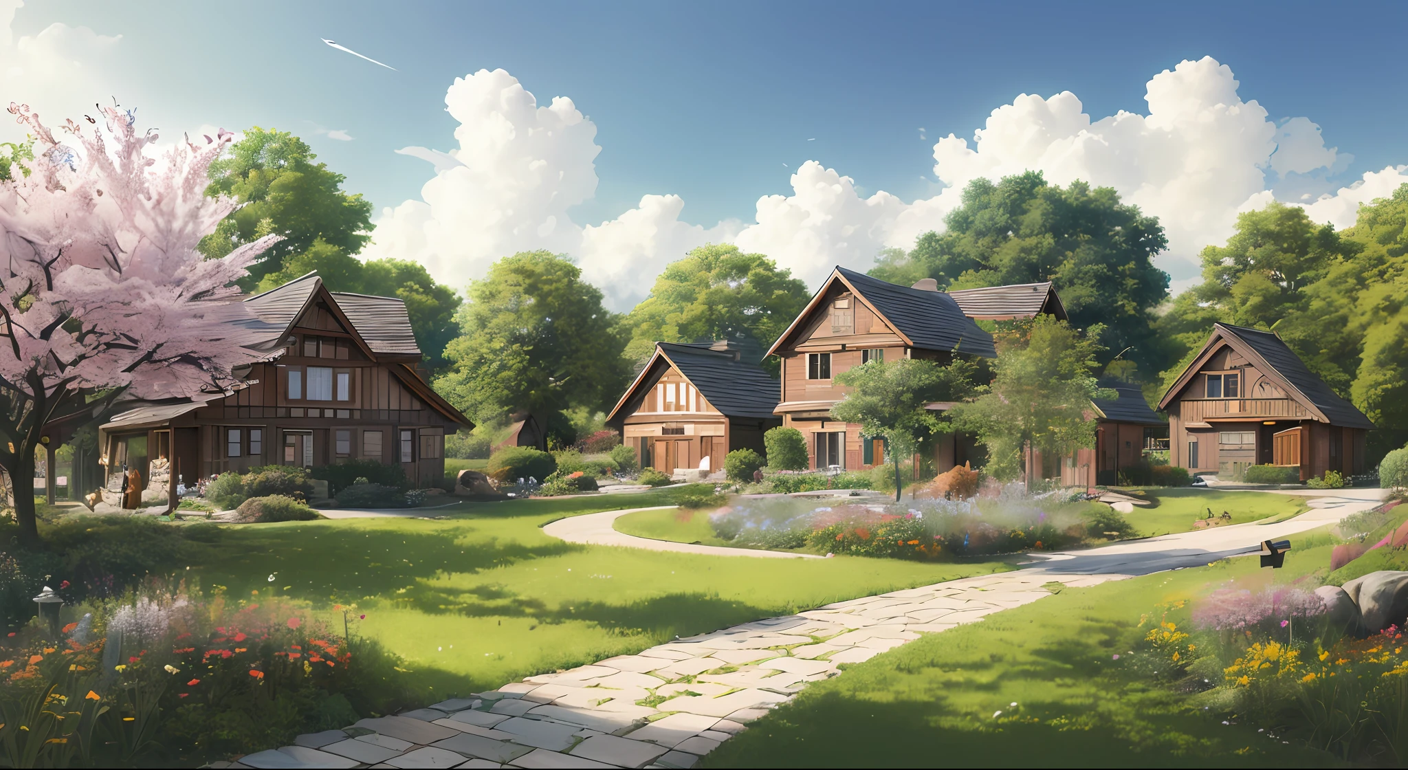 masterpiece,best quality,official art,extremely detailed CG unity 8k wallpaper,outdoors, animal, spring \(season\), cloudy sky,studio ghibli, garden,village,