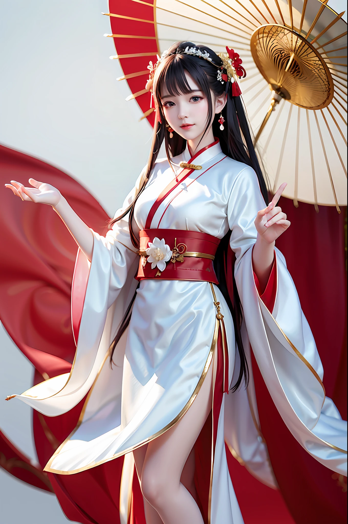 Chinese woman in red dress and white umbrella, legs raised high, delicate and charming face, Hanfu, palace, girl in Hanfu, ancient Chinese clothes, white Hanfu, traditional Chinese dress, ancient Chinese clothes , Chinese costume, wearing a luxurious silk cloak, princess in ancient China, dressed as a lady, in a gilded red robe, red flower pattern kimono