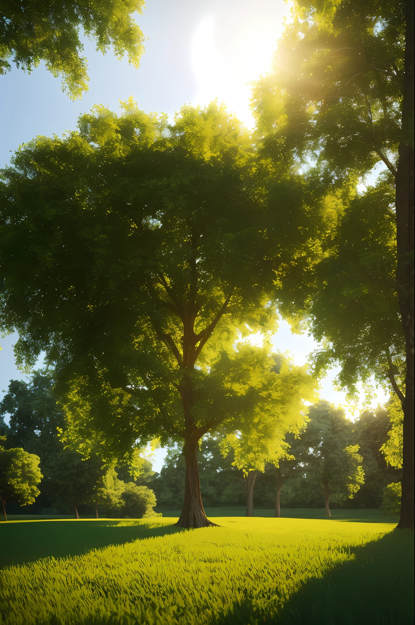 single tree in calm landscape, Photorealistic,extremely detailed, Intricate, sunny atmosphere, octane render