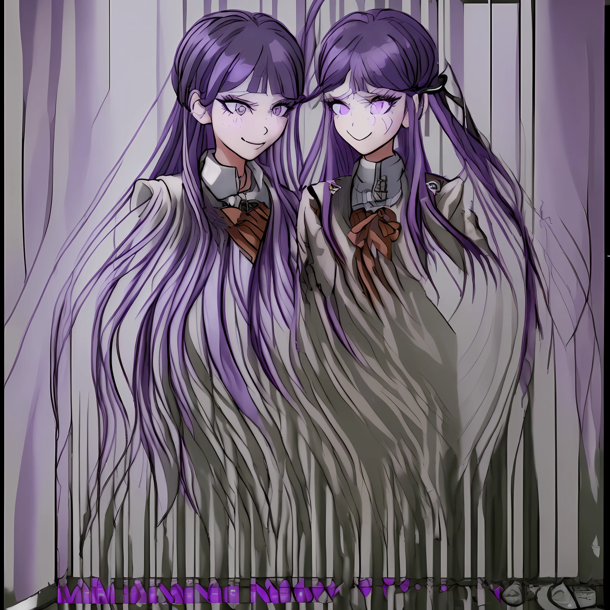 (masterpiece), (extremely detailed CG unity 8k wallpaper), (an extremely delicate and beautiful), (1girl:1.3), solo, (perfect front view:1.3), ((ultra-detailed)), illustration, hair between eyes,floating, finely detail, (upper body), (looking_at_viewer:1.2), (danganronpa (style)), (danganronpa (style):1.4),((black military uniform)), ((black trench coat)), black pants, (closed jacket), ((black_thighhighs)), (purple hair:1.5), (purple eyes:1.2), (hair ribbon),(straight hair:1.4), (light smile face:1.5), (courtroom), standing,(simple background:1.4), standing cg, game cg, perfect hands, arms beihind back,