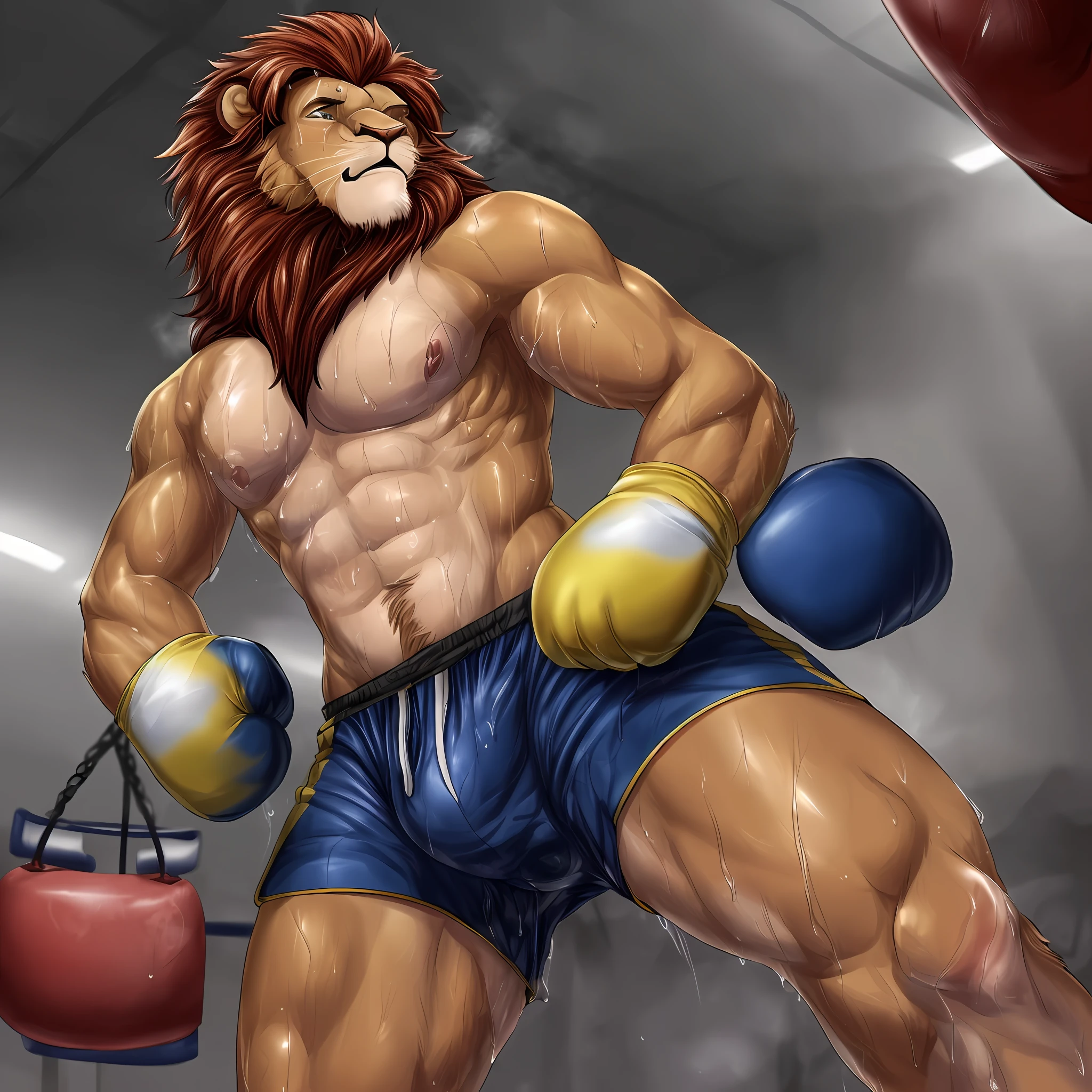 ((1anthro male lion), boxing gloves and boxing shorts, (bruised:1.2+injured+beaten-up), (sweat:1.2+drenched), (punched:1.3+boxer)):0.8