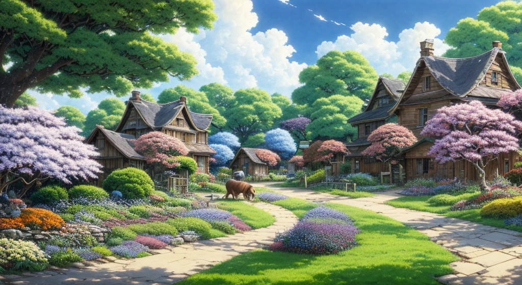 masterpiece,best quality,official art,extremely detailed CG unity 8k wallpaper,outdoors, animal, spring \(season\), cloudy sky,studio ghibli, garden,village,